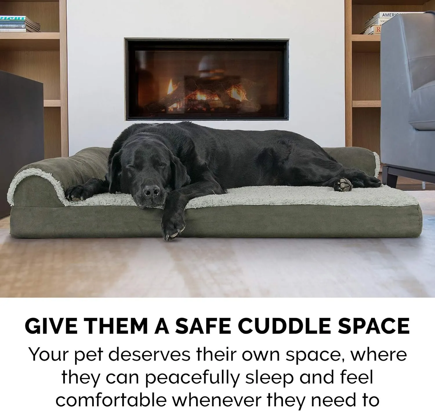 Furhaven Memory Foam Dog Bed for Large/Medium Dogs w/ Removable Bolsters & Washable Cover, For Dogs Up to 55 lbs - Two-Tone Plush Faux Fur & Suede L Shaped Chaise - Dark Sage, Large