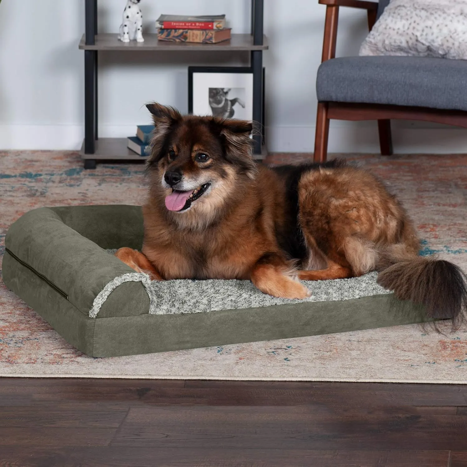 Furhaven Memory Foam Dog Bed for Large/Medium Dogs w/ Removable Bolsters & Washable Cover, For Dogs Up to 55 lbs - Two-Tone Plush Faux Fur & Suede L Shaped Chaise - Dark Sage, Large