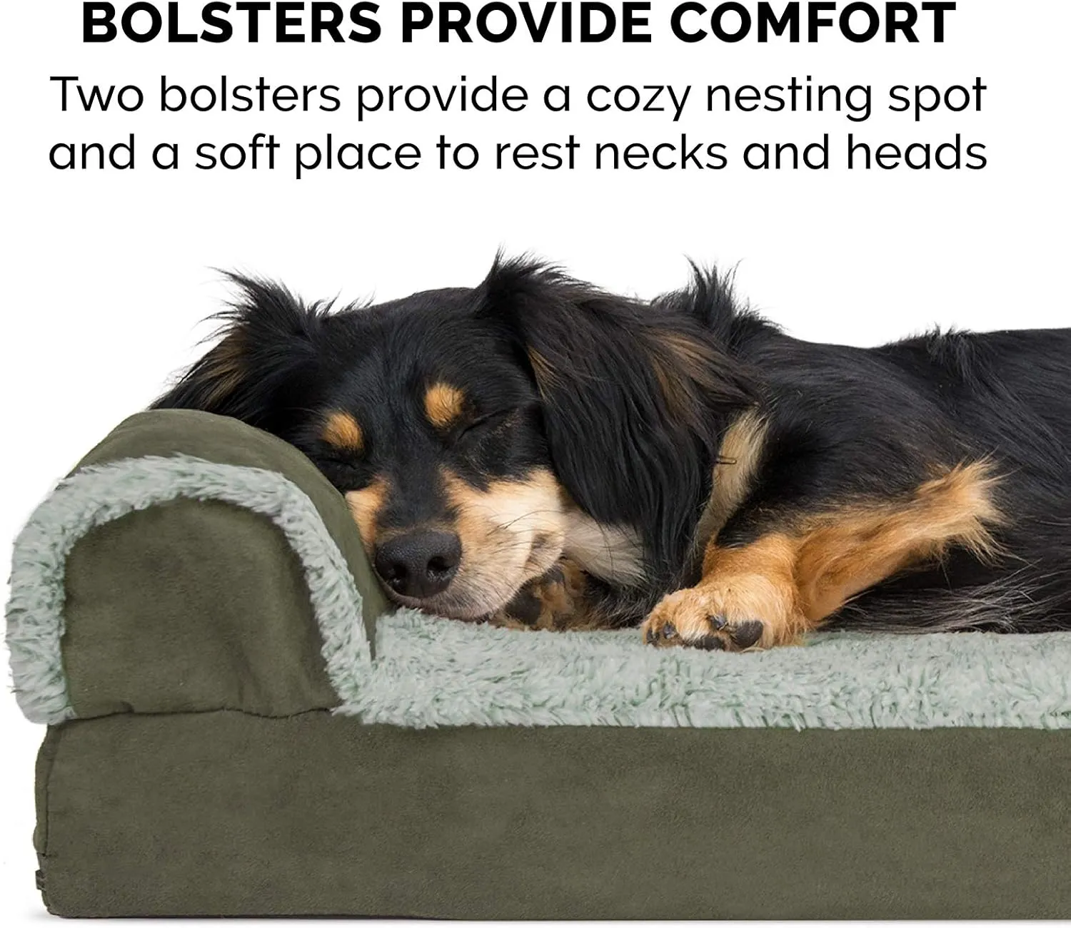 Furhaven Memory Foam Dog Bed for Large/Medium Dogs w/ Removable Bolsters & Washable Cover, For Dogs Up to 55 lbs - Two-Tone Plush Faux Fur & Suede L Shaped Chaise - Dark Sage, Large