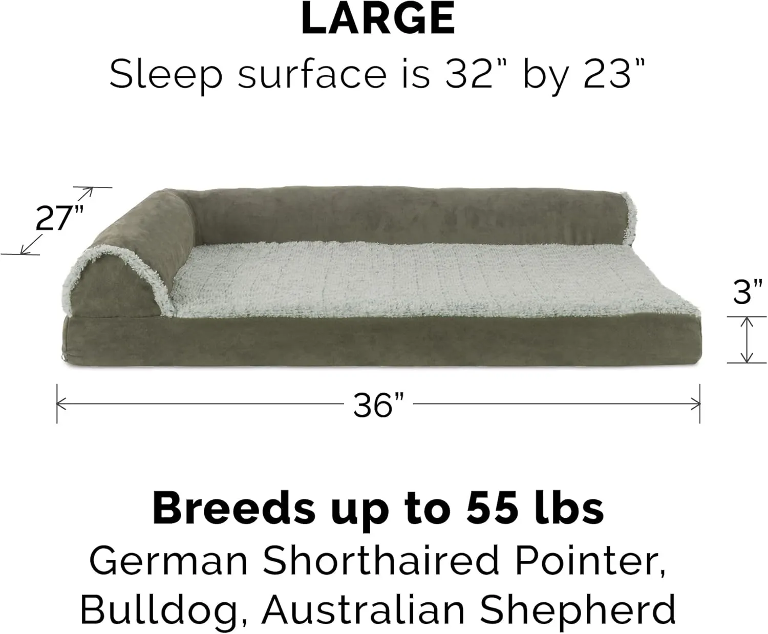 Furhaven Memory Foam Dog Bed for Large/Medium Dogs w/ Removable Bolsters & Washable Cover, For Dogs Up to 55 lbs - Two-Tone Plush Faux Fur & Suede L Shaped Chaise - Dark Sage, Large