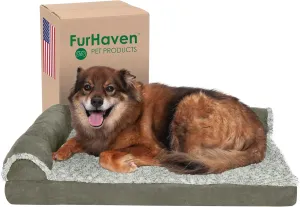 Furhaven Memory Foam Dog Bed for Large/Medium Dogs w/ Removable Bolsters & Washable Cover, For Dogs Up to 55 lbs - Two-Tone Plush Faux Fur & Suede L Shaped Chaise - Dark Sage, Large