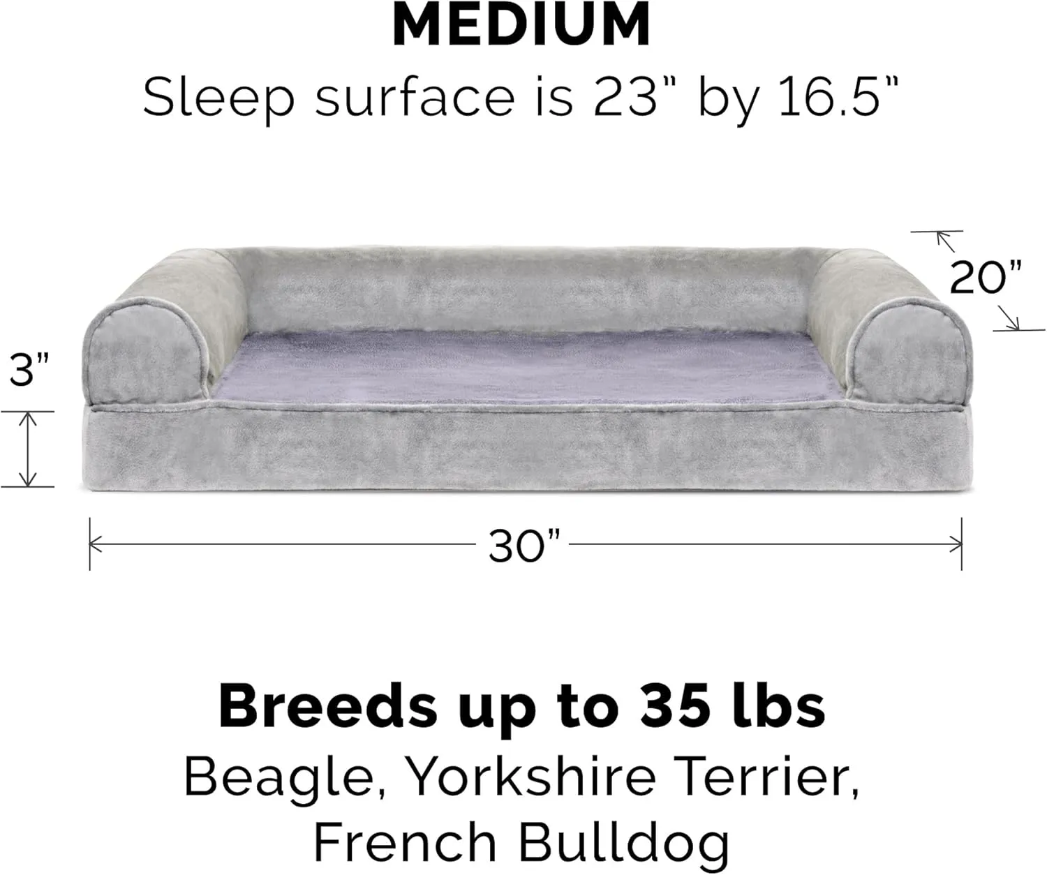 Furhaven Memory Foam Dog Bed for Medium/Small Dogs w/ Removable Bolsters & Washable Cover, For Dogs Up to 35 lbs - Faux Fur & Velvet Sofa - Smoke Gray, Medium