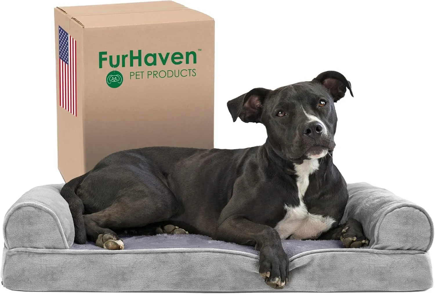 Furhaven Memory Foam Dog Bed for Medium/Small Dogs w/ Removable Bolsters & Washable Cover, For Dogs Up to 35 lbs - Faux Fur & Velvet Sofa - Smoke Gray, Medium