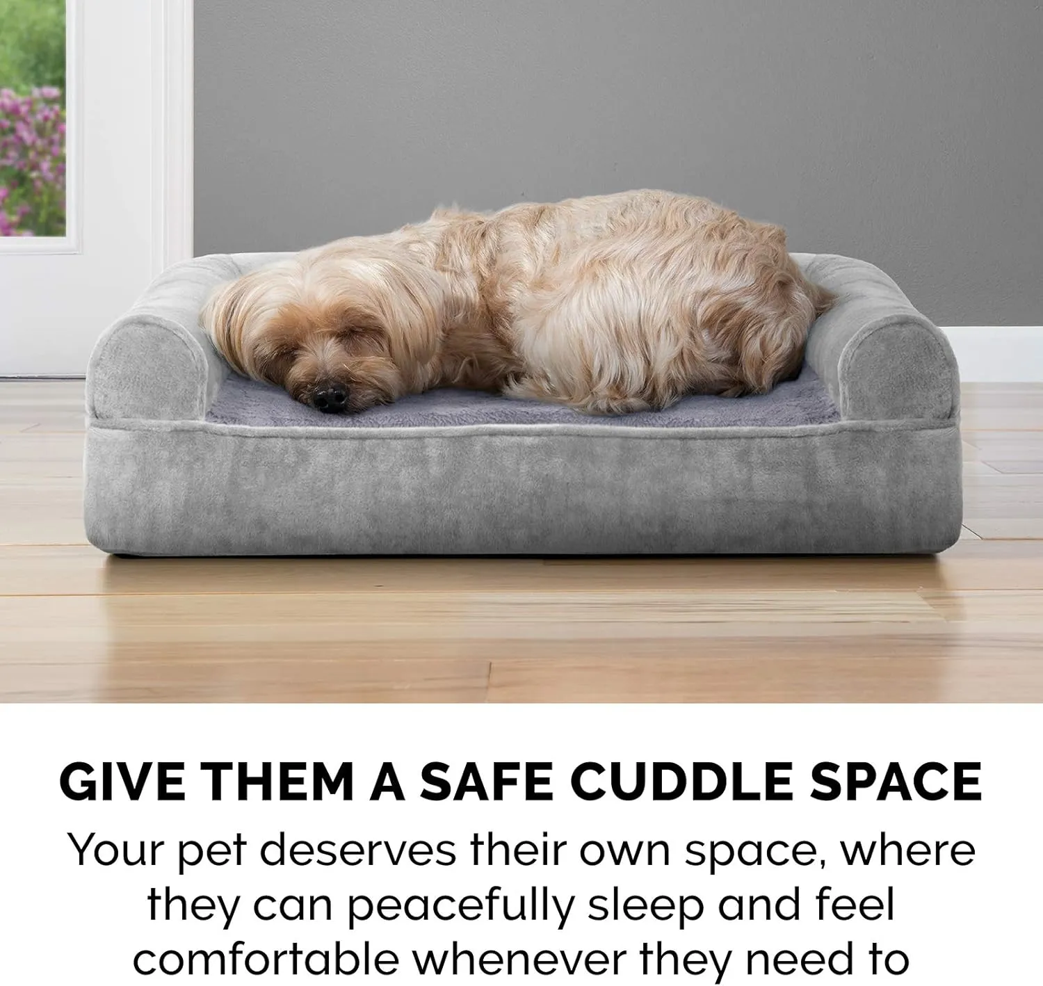 Furhaven Memory Foam Dog Bed for Medium/Small Dogs w/ Removable Bolsters & Washable Cover, For Dogs Up to 35 lbs - Faux Fur & Velvet Sofa - Smoke Gray, Medium