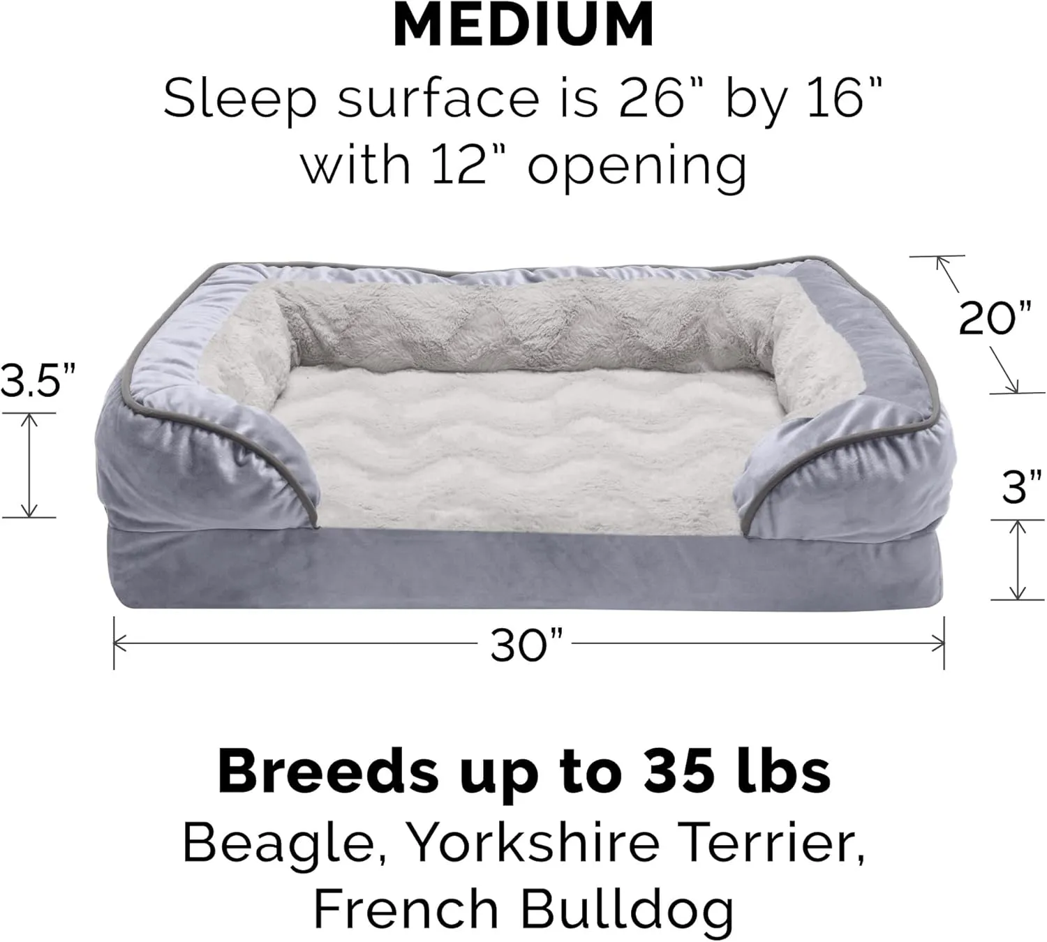 Furhaven Memory Foam Dog Bed for Medium/Small Dogs w/ Removable Bolsters & Washable Cover, For Dogs Up to 35 lbs - Plush & Velvet Waves Perfect Comfort Sofa - Granite Gray, Medium