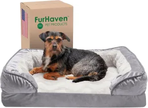 Furhaven Memory Foam Dog Bed for Medium/Small Dogs w/ Removable Bolsters & Washable Cover, For Dogs Up to 35 lbs - Plush & Velvet Waves Perfect Comfort Sofa - Granite Gray, Medium