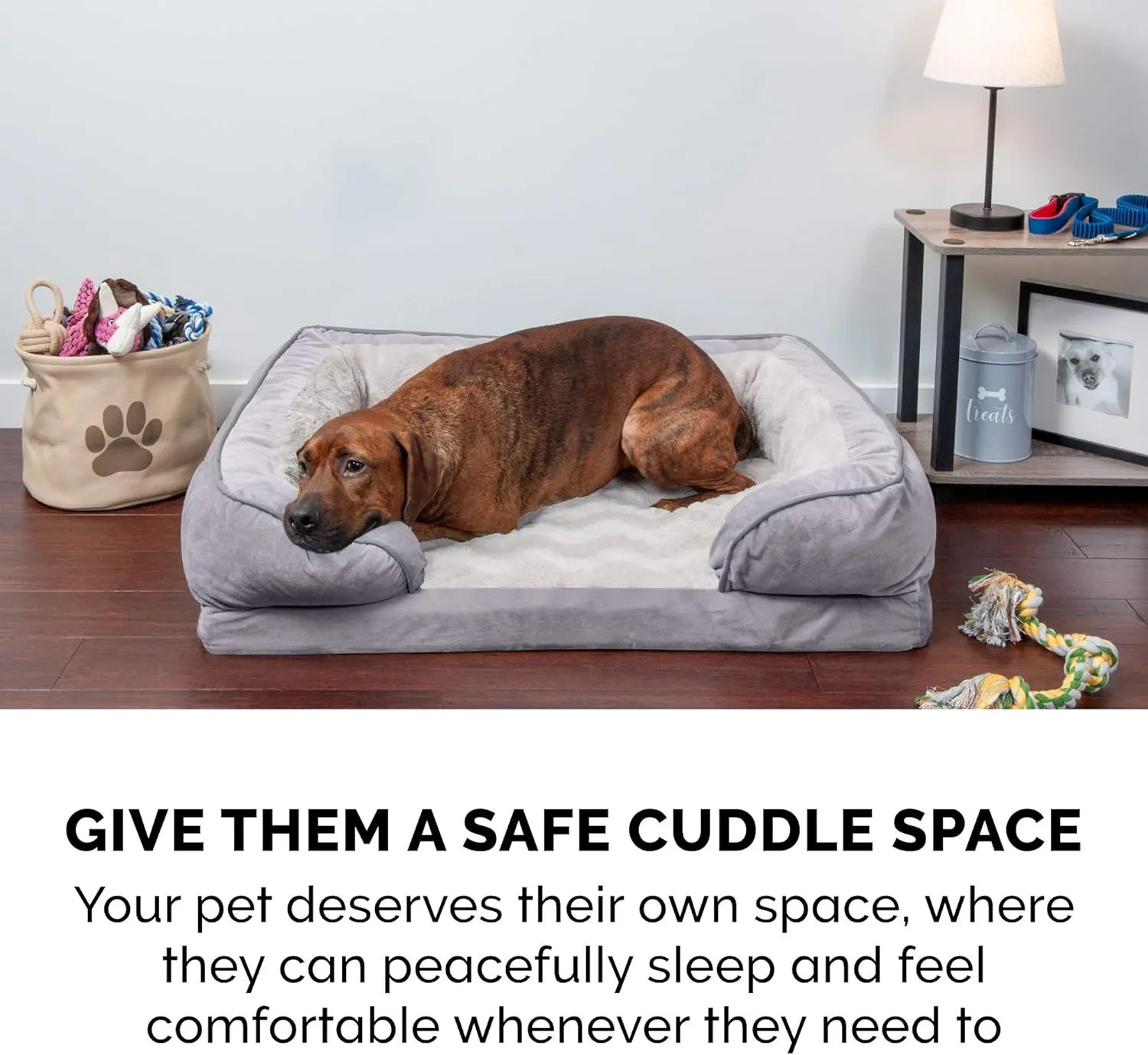 Furhaven Memory Foam Dog Bed for Medium/Small Dogs w/ Removable Bolsters & Washable Cover, For Dogs Up to 35 lbs - Plush & Velvet Waves Perfect Comfort Sofa - Granite Gray, Medium