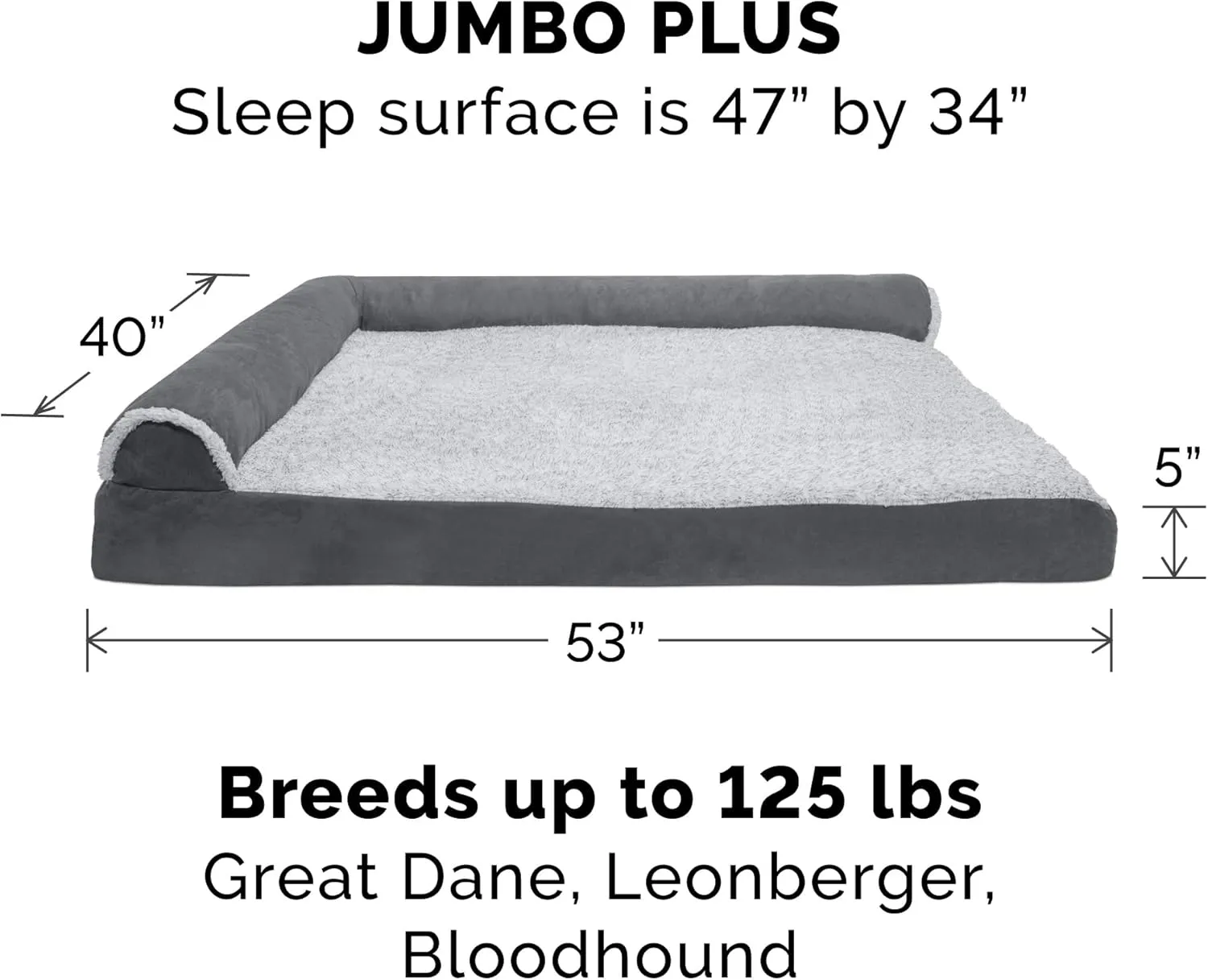 Furhaven Replacement Dog Bed Cover Two-Tone Faux Fur & Suede L Shaped Chaise, Machine Washable - Stone Gray, Jumbo Plus (XX-Large)