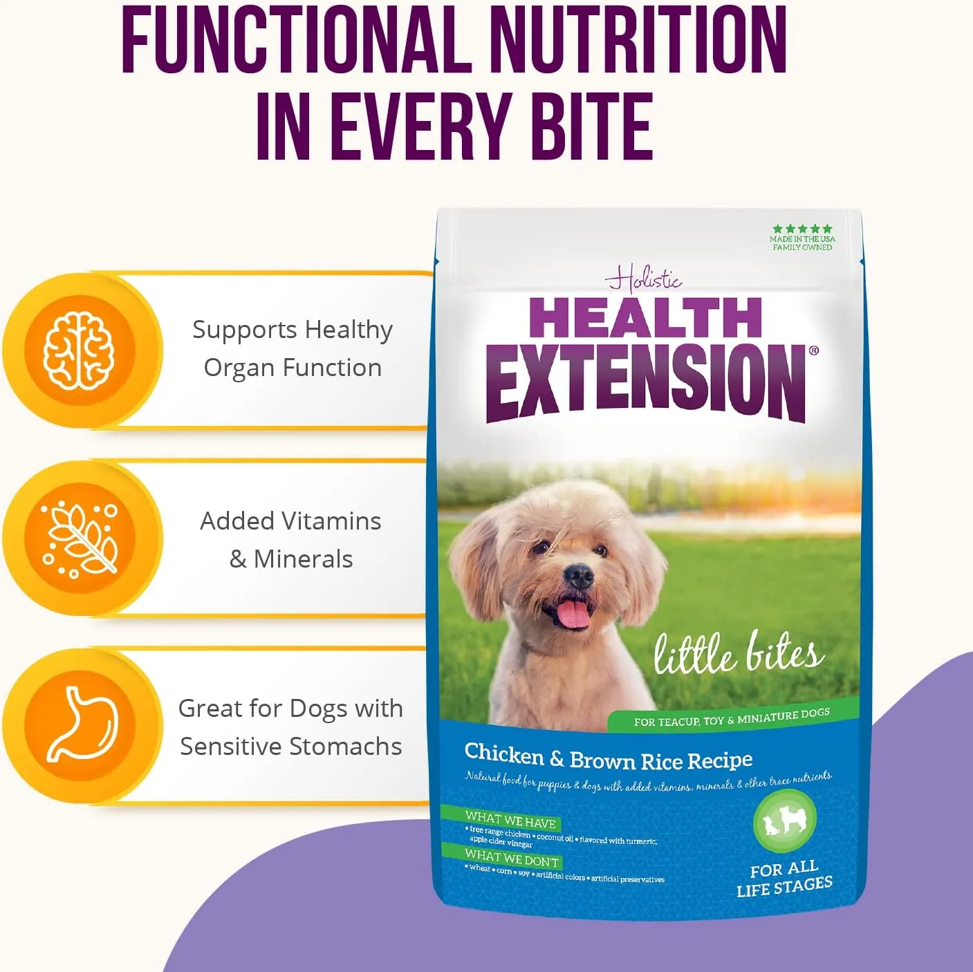 Health Extension Little Bites Chicken & Brown Rice Dry Dog Food (1 lb / 0.45 kg) - Natural with Probiotics and Superfoods for Teacup, Toy & Small Breeds