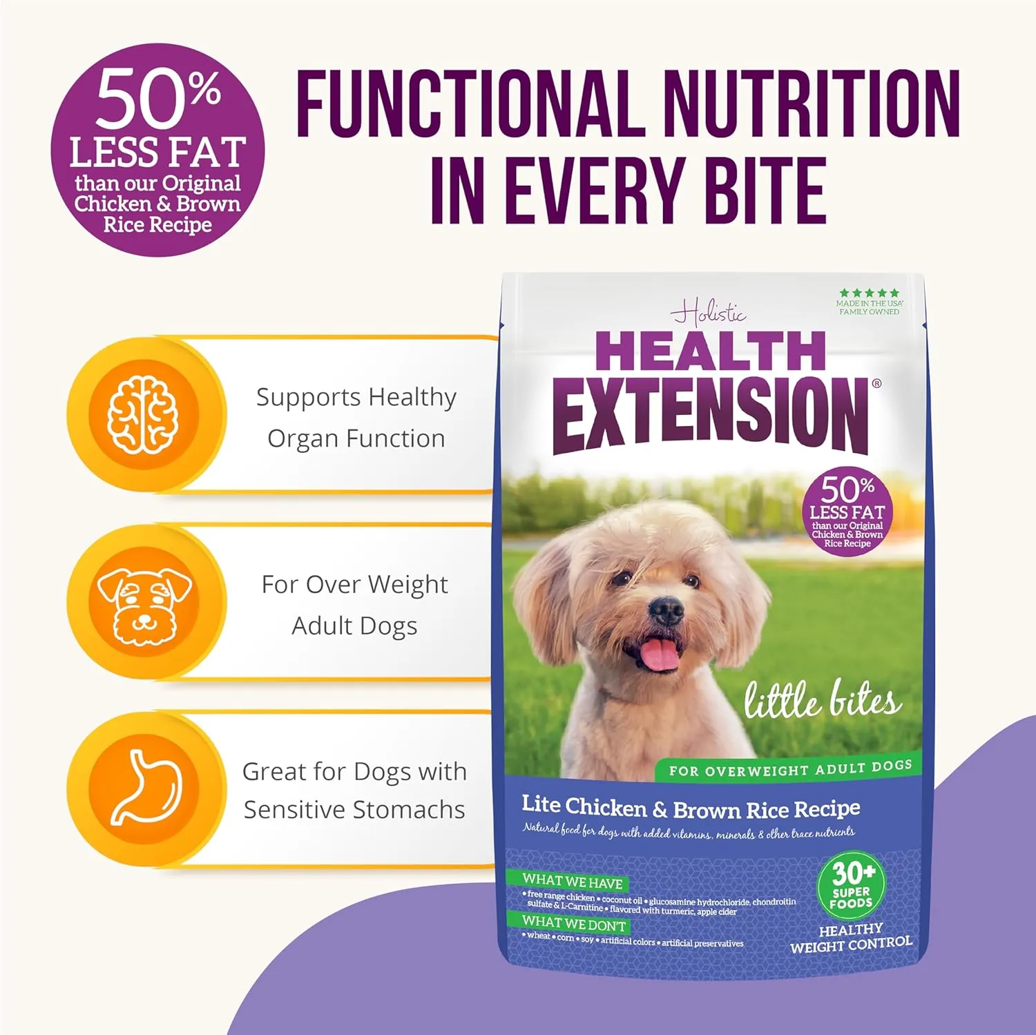 Health Extension Little Bites Lite Chicken & Brown Rice Dry Dog Food (4 lb / 1.8 Kg) - Natural with Probiotics and Superfoods for Overweight Adult Dogs (Pack of 6)