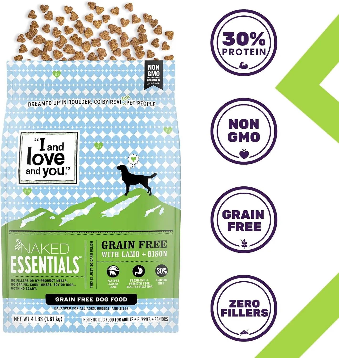 I and love and you Naked Essentials Dry Dog Food - Lamb   Bison - High Protein, Real Meat, No Fillers, Prebiotics   Probiotics, 4lb Bag