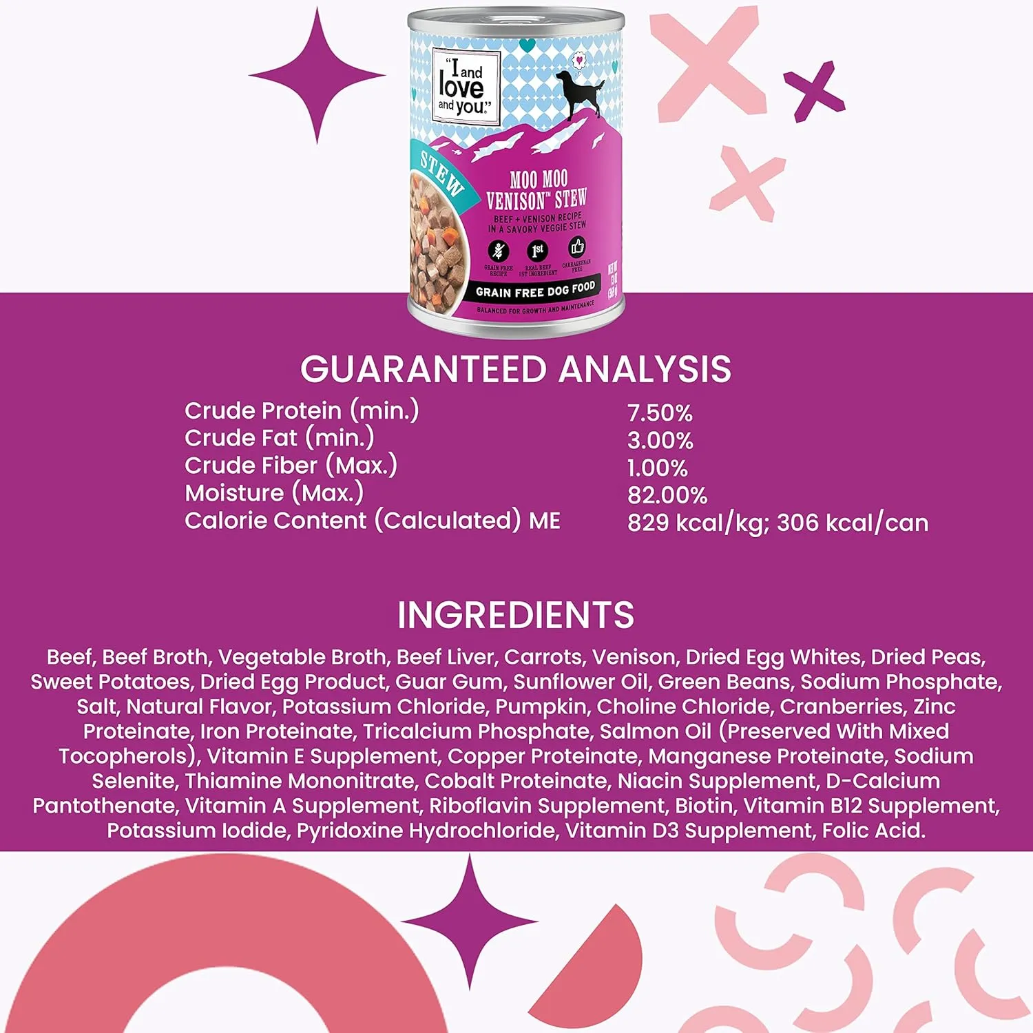 I AND LOVE AND YOU Wet Dog Food - Moo Moo Venison Stew - Beef   Venison Recipe, Grain Free, Filler Free 13oz can, 12pk