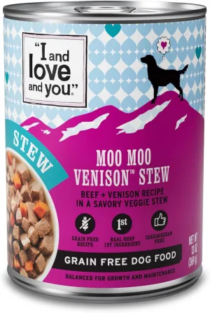 I AND LOVE AND YOU Wet Dog Food - Moo Moo Venison Stew - Beef   Venison Recipe, Grain Free, Filler Free 13oz can, 12pk