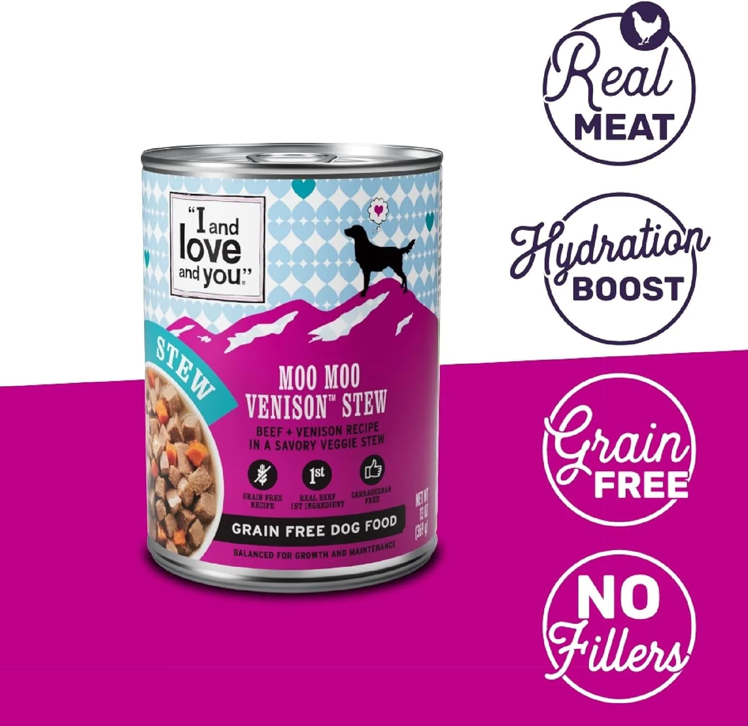 I AND LOVE AND YOU Wet Dog Food - Moo Moo Venison Stew - Beef   Venison Recipe, Grain Free, Filler Free 13oz can, 12pk