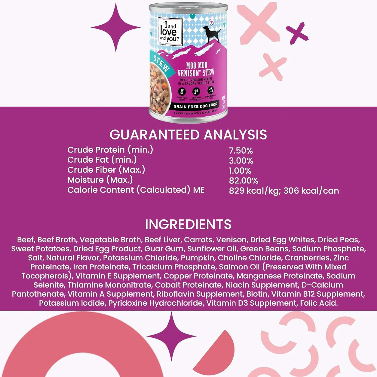 I AND LOVE AND YOU Wet Dog Food - Moo Moo Venison Stew - Beef   Venison Recipe, Grain Free, Filler Free 13oz can, 12pk