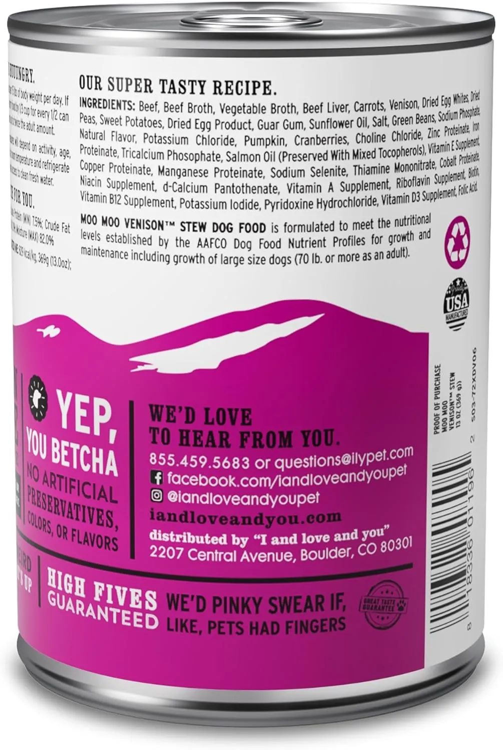 I AND LOVE AND YOU Wet Dog Food - Moo Moo Venison Stew - Beef   Venison Recipe, Grain Free, Filler Free 13oz can, 12pk