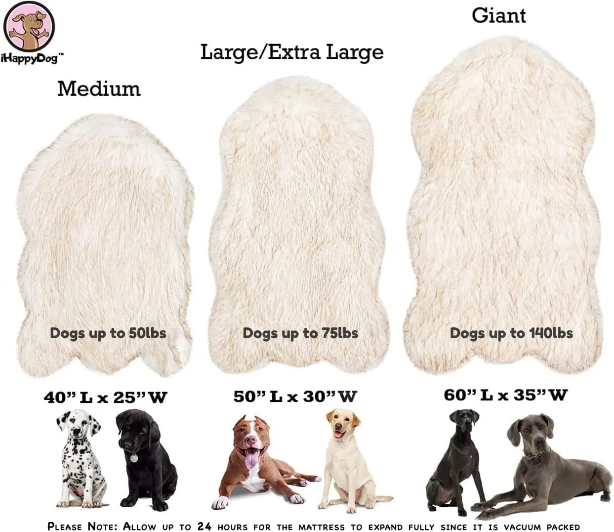 IHAPPYDOG Luxury Faux Fur Orthopedic Dog Bed, Memory Foam Dog Bed for Small, Medium, Large and XL Pets, Fluffy Pet Rug with Waterproof and Washable Cover, White, Medium 40x25