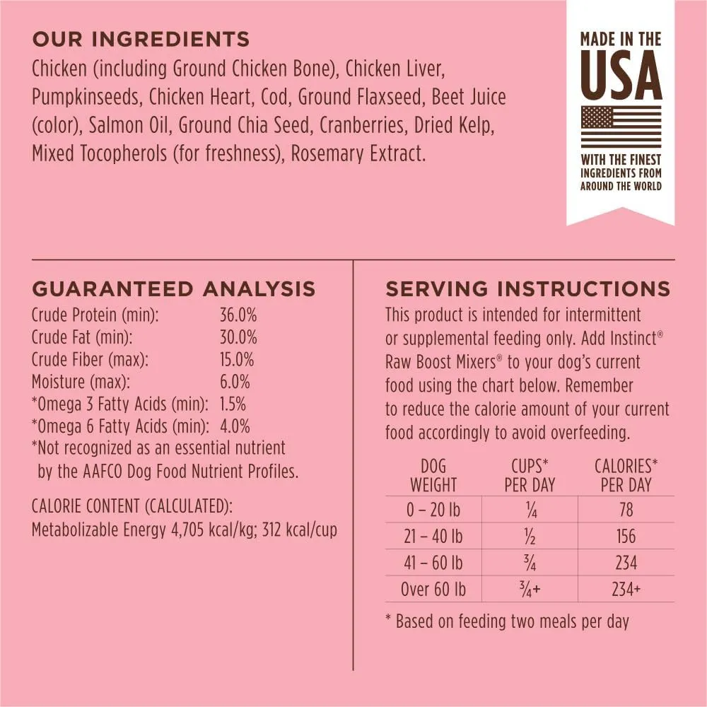Instinct Raw Boost Mixers, Freeze Dried Dog Food Topper with Functional Ingredients, Grain Free, Real Chicken - Skin & Coat Health, 5.5 oz. Bag