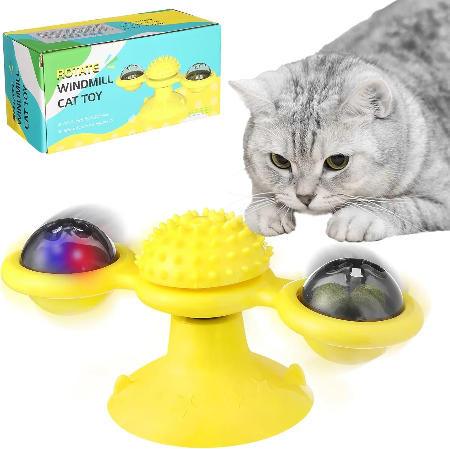 Interactive Windmill Cat Toy with Suction Cup, 2025 Funny Indoor Kitten Toys with LED Light Ball, for Cat chew Exercise Promotes Dental Health and Kitten Enrichment (Yellow)