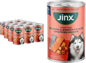 Jinx Wet Dog Food Cans Pate, Grain Free, Made with Real Salmon, Chicken, Fish Broth & Sweet Potatoes, No Fillers, for All Lifestages, 13oz Cans, 12 Pack