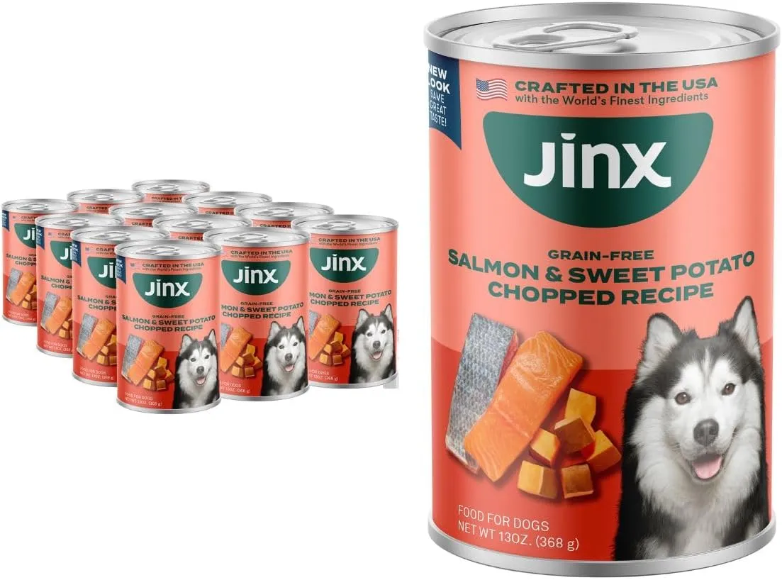 Jinx Wet Dog Food Cans Pate, Grain Free, Made with Real Salmon, Chicken, Fish Broth & Sweet Potatoes, No Fillers, for All Lifestages, 13oz Cans, 12 Pack