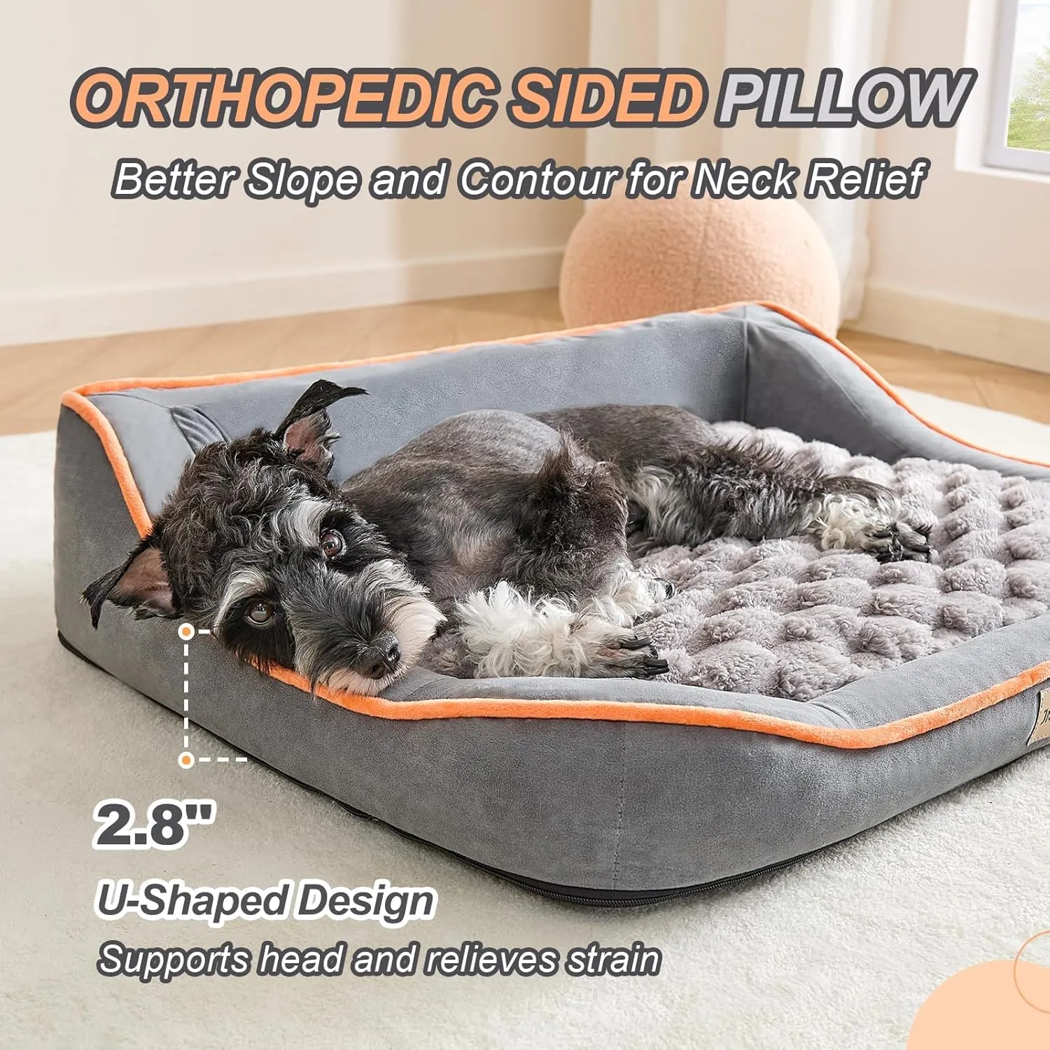 Jiupety Orthopedic Dog Bed for Small and Medium Dogs, Dog Sofa Bed with U-Shaped Bolster, Dual-Layer Supportive Cushion, Waterproof Dog Couch with Washable Cover, (30"24"7.5") for 10-20 lbs, Grey