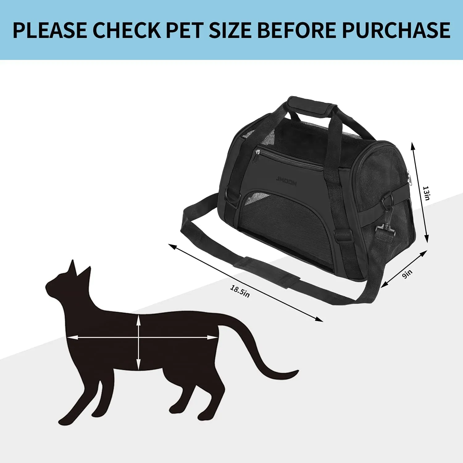JMOON Cat Carrier Soft-Sided Airline Approved Pet Carrier Bag,Pet Travel Carrier for Cats,Dogs Puppy Comfort Portable Foldable Pet Bag (Medium, Black)