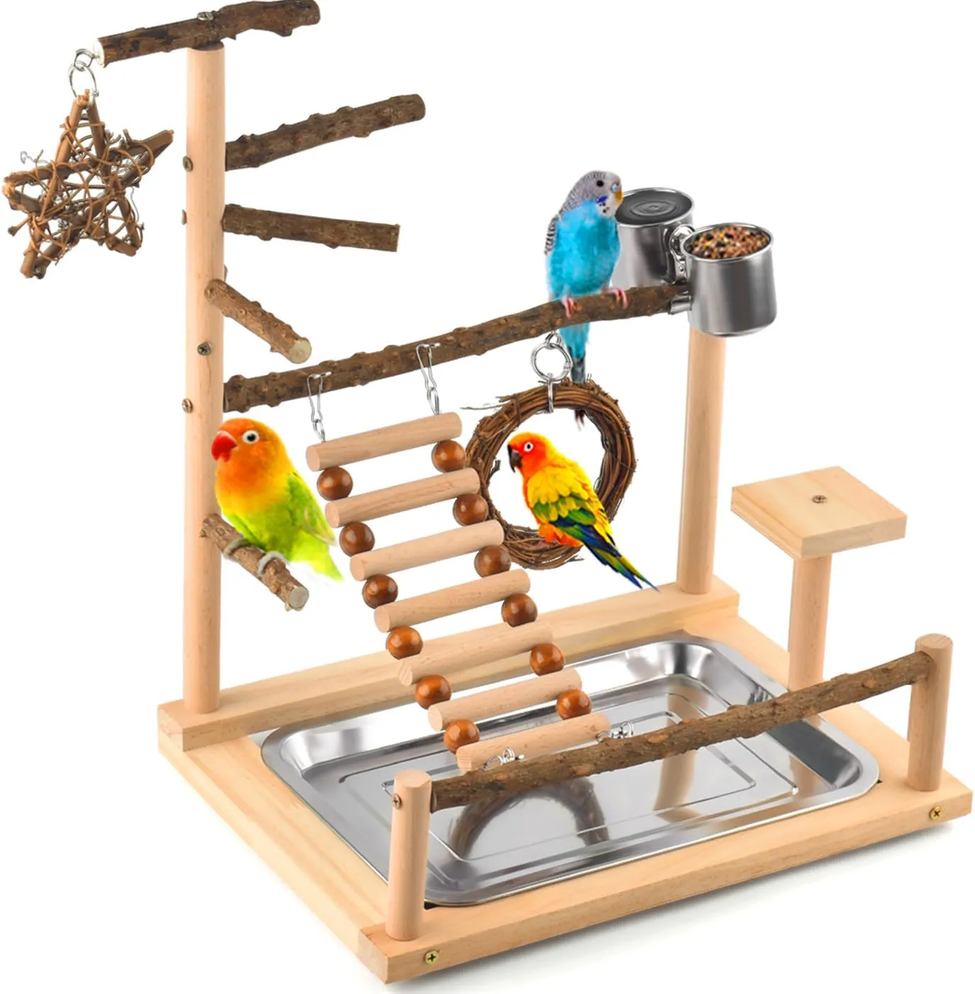 KATUMO Bird Playground - Natural Wooden Bird Perches Parakeet Ladder Conure Swing Bird Cage Accessories with Removable Tray & 2 Stainless Steel Cups