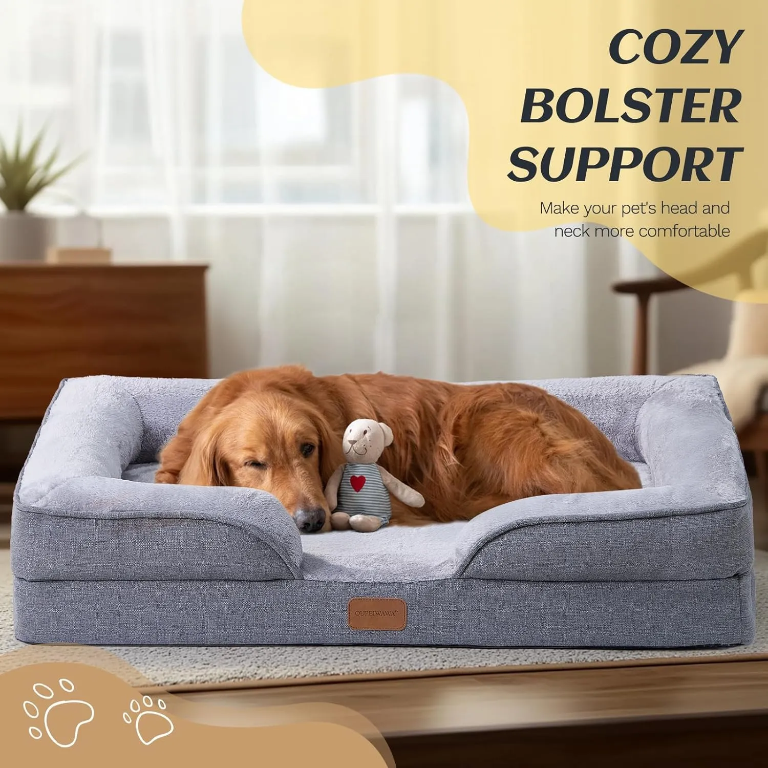 Large Dog Bed Orthopedic with Bolster Sides Removable Egg-Crate Foam Waterproof Liner Pet Bed Sofa Couch with Removable Washable Cover Non-Slip Bottom, Gray