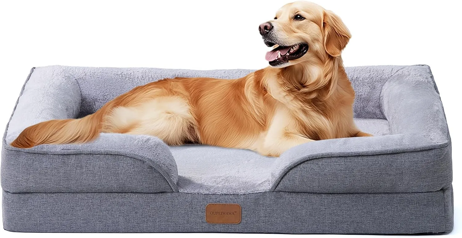 Large Dog Bed Orthopedic with Bolster Sides Removable Egg-Crate Foam Waterproof Liner Pet Bed Sofa Couch with Removable Washable Cover Non-Slip Bottom, Gray