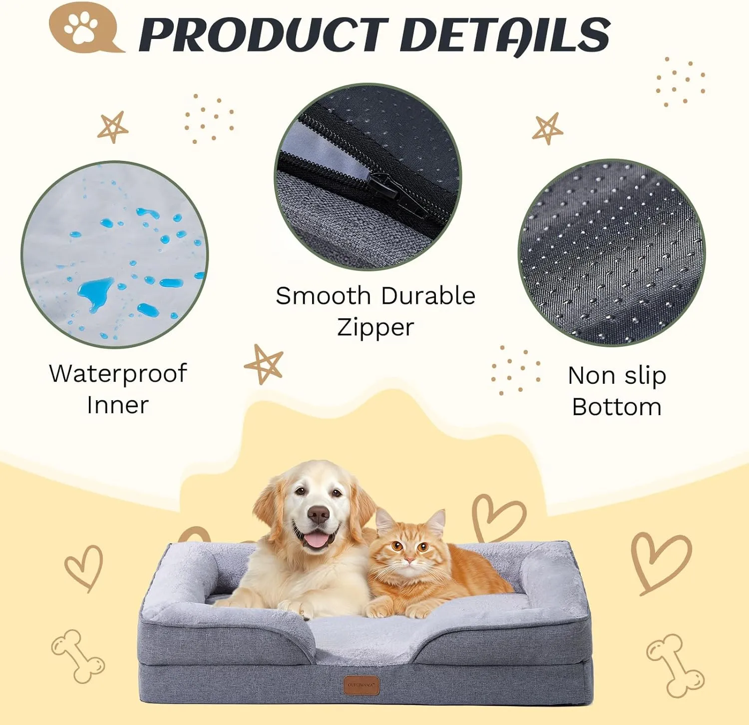 Large Dog Bed Orthopedic with Bolster Sides Removable Egg-Crate Foam Waterproof Liner Pet Bed Sofa Couch with Removable Washable Cover Non-Slip Bottom, Gray
