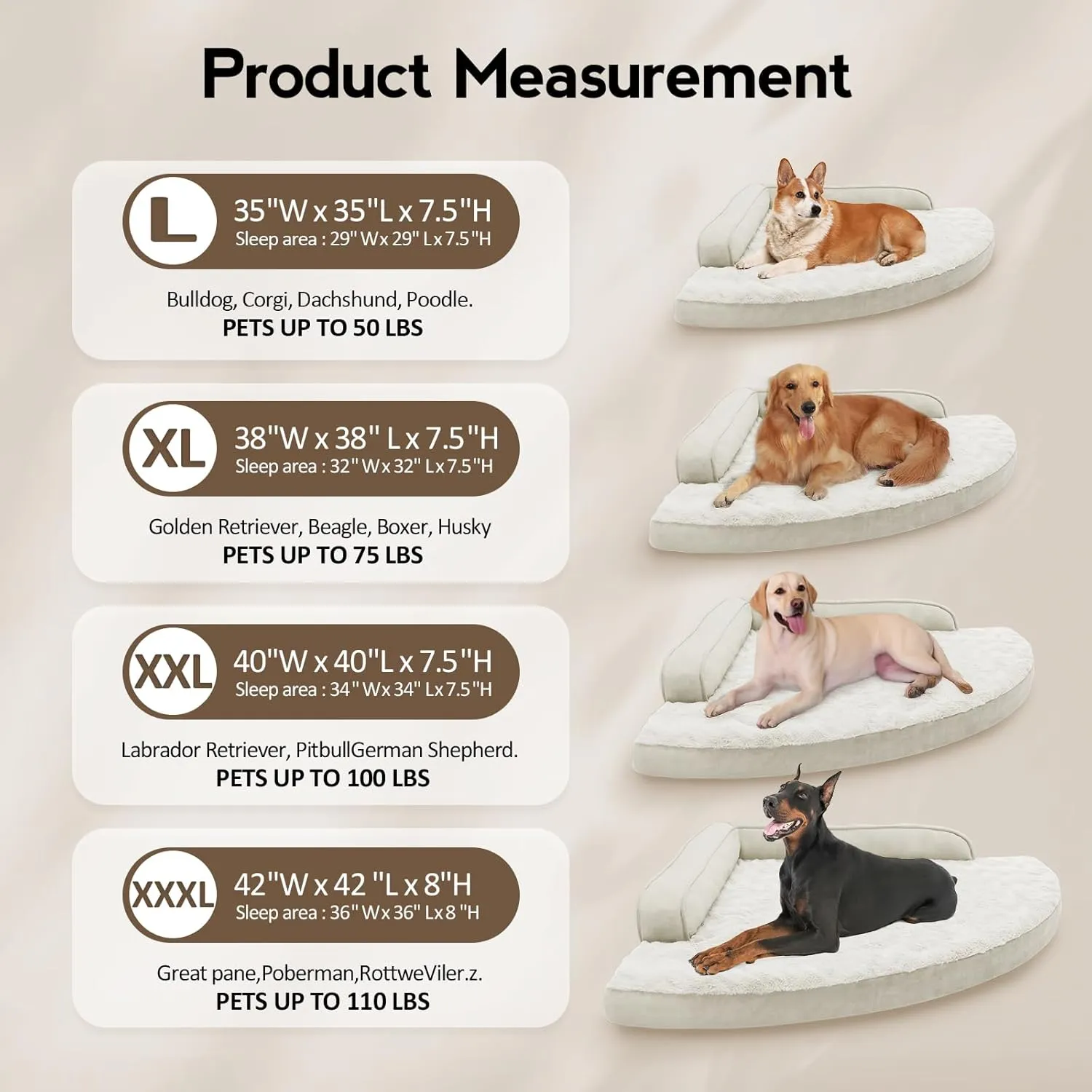 Large Orthopedic Dog Bed with Sides Big Dog Beds with Removable Washable Cover Non-Slip Waterproof Pet Bed for Medium Large Dogs - Beige L