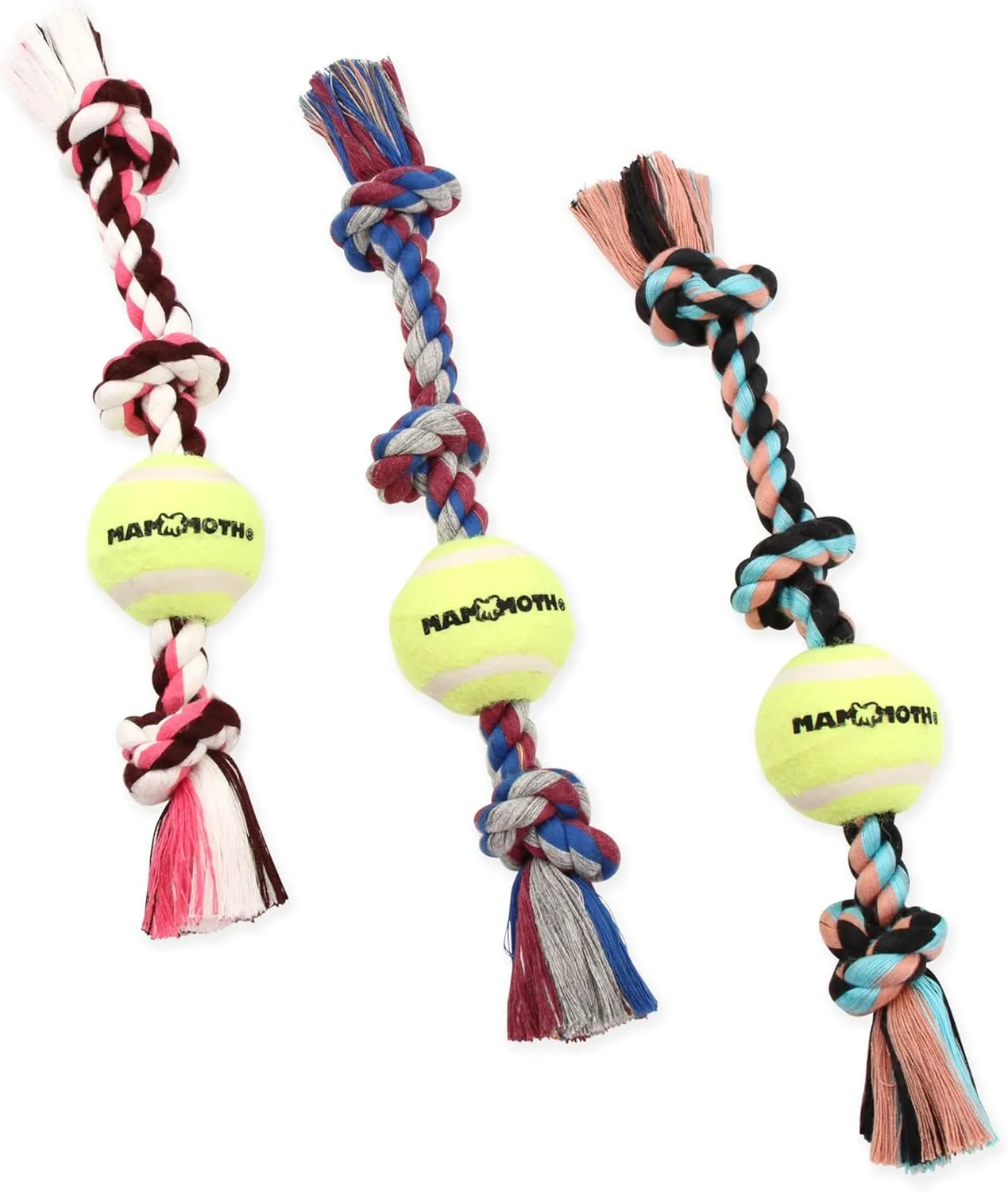 Mammoth Flossy Chews Color 3 Knot Tug w/Mini Tennis Ball  Premium Cotton-Poly Tug Toy for Dogs  Interactive  Rope Dog Toy for Small Dogs - Mini 11