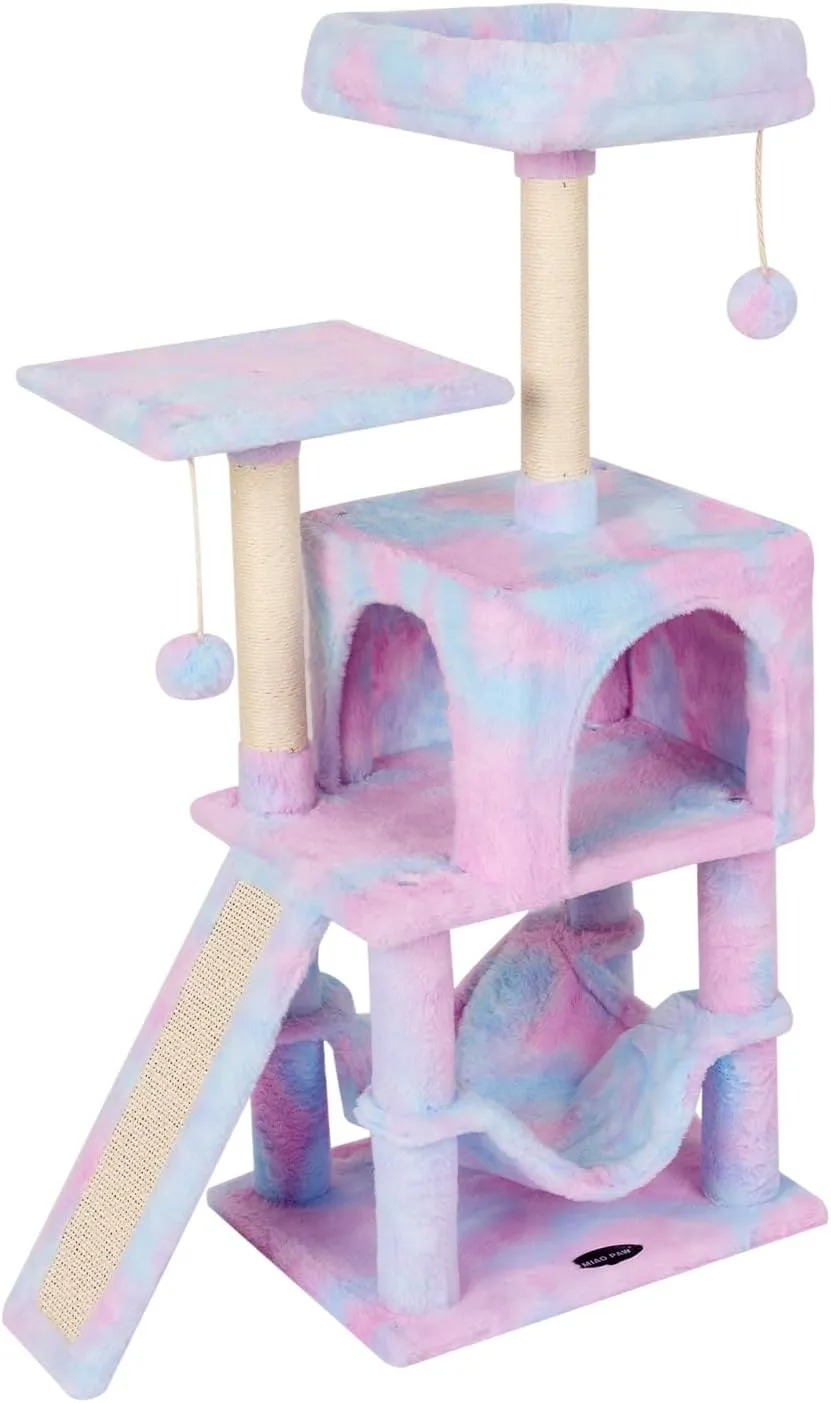 MIAO PAW Rainbow Cute Cat Tree for Indoor Cat Tower with Scratching Post Modern Activity House Hammock Hanging Ball Condo with Board