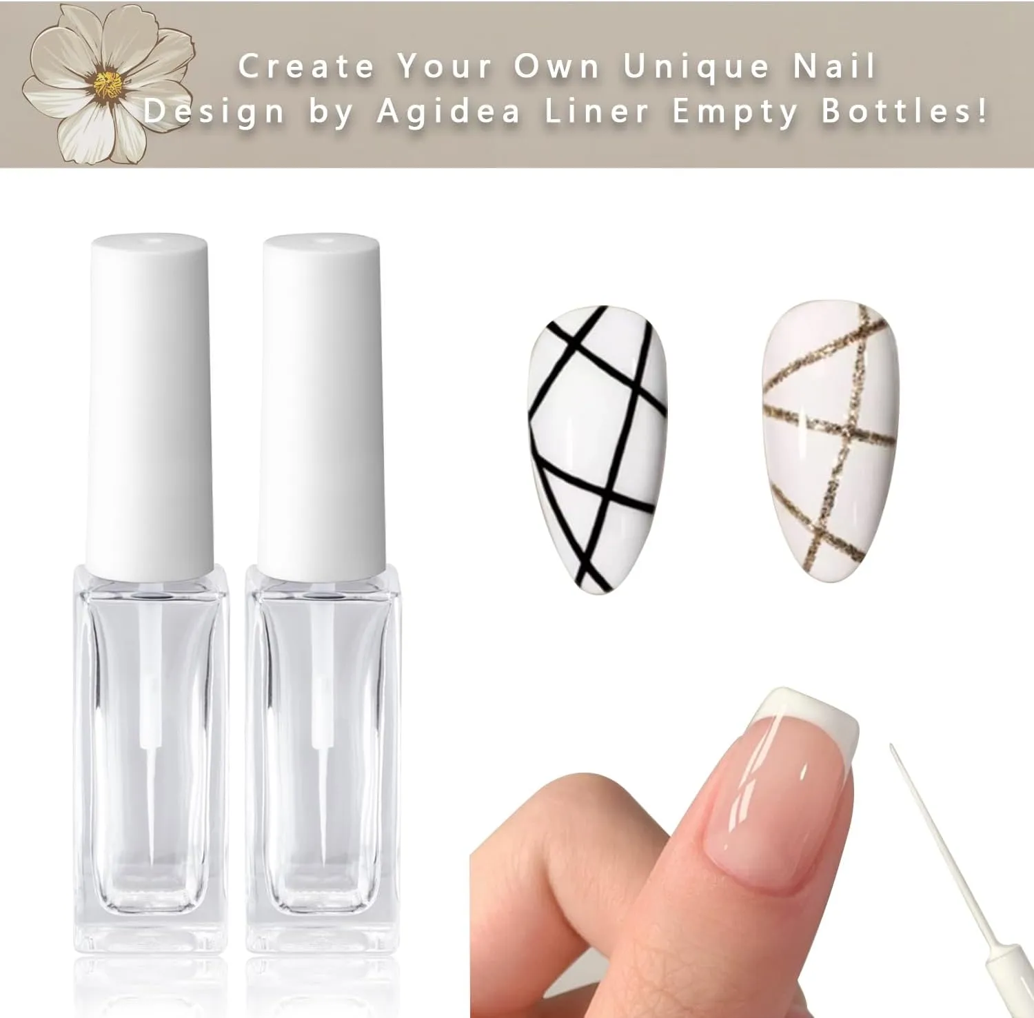 Nail Art Liner Empty Bottles 7ML, 6 Pack Empty Blooming Nail Polish Bottles with Brush & Mixing Balls & Funnels for Nail Decoration DIY Art (Not for Gel) (WHITE)