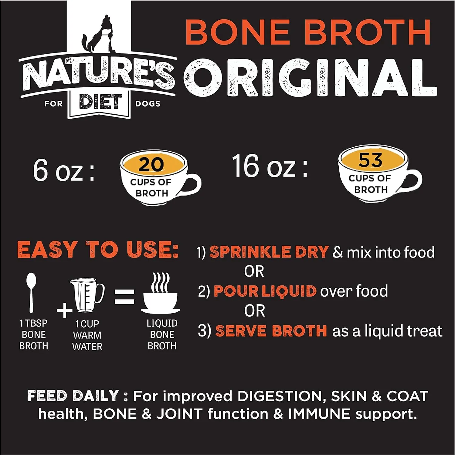 Nature's Diet Pet Bone Broth Protein Powder with Pumpkin, Fish Oil and Turmeric (Chicken, 16 oz = 159 Servings)