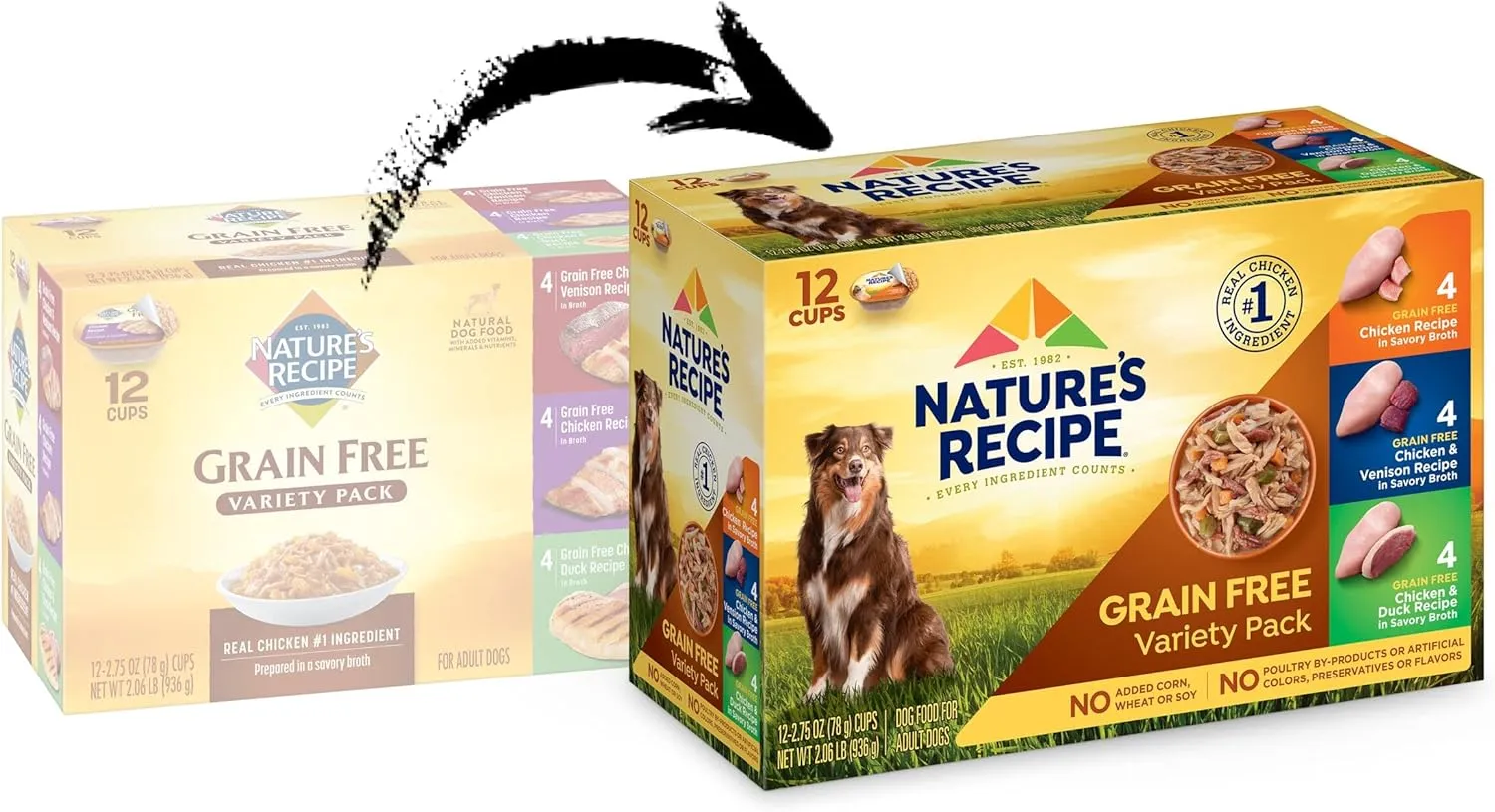 Natures Recipe Grain Free Chicken Recipe, Chicken & Venison Recipe and Chicken & Duck Recipe in Savory Broth Variety Pack Wet Dog Food, 12-2.75 oz. Cups, 2 Count