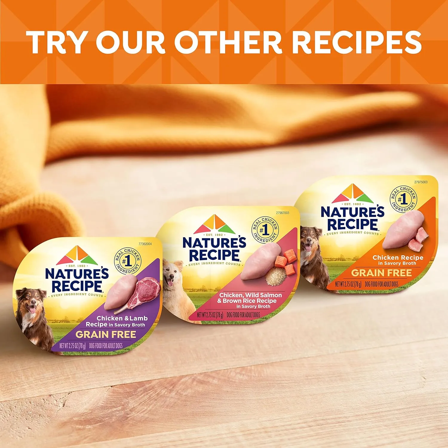 Natures Recipe Grain Free Chicken Recipe, Chicken & Venison Recipe and Chicken & Duck Recipe in Savory Broth Variety Pack Wet Dog Food, 12-2.75 oz. Cups, 2 Count