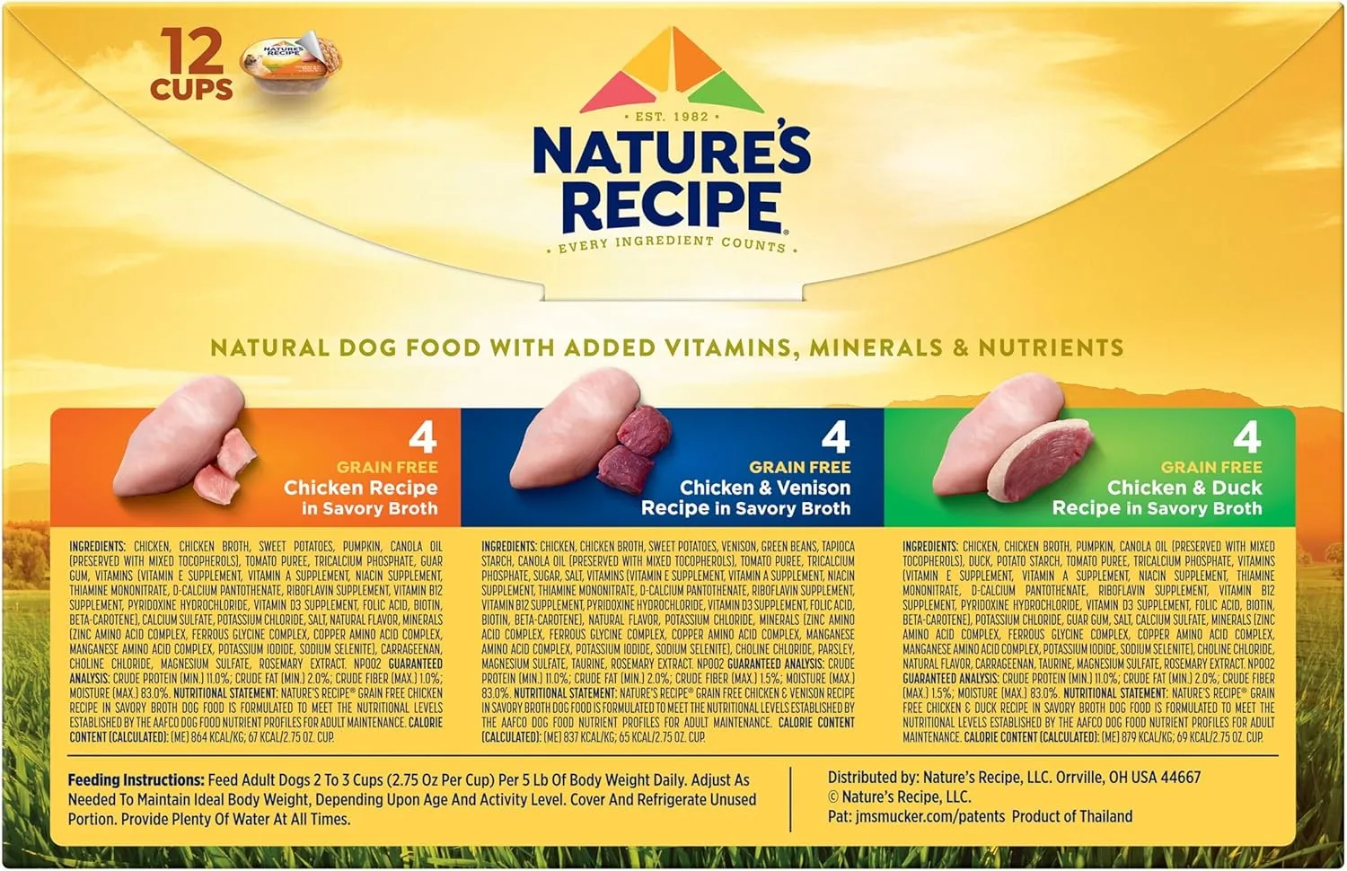 Natures Recipe Grain Free Chicken Recipe, Chicken & Venison Recipe and Chicken & Duck Recipe in Savory Broth Variety Pack Wet Dog Food, 12-2.75 oz. Cups, 2 Count