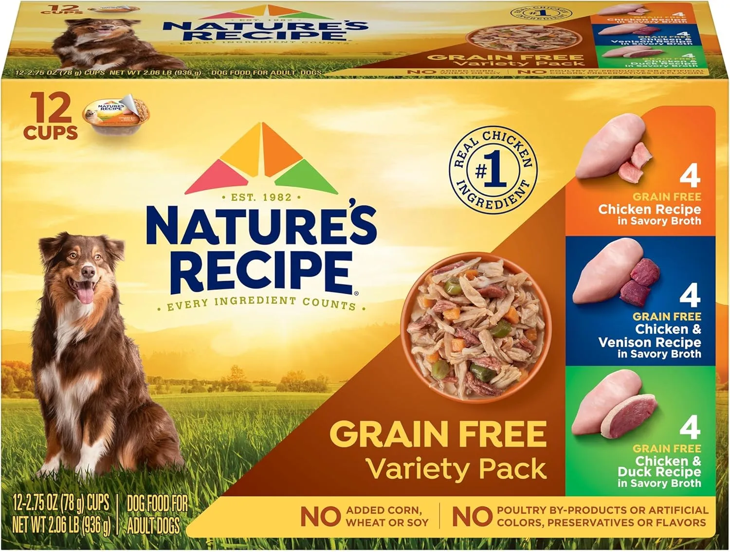 Natures Recipe Grain Free Chicken Recipe, Chicken & Venison Recipe and Chicken & Duck Recipe in Savory Broth Variety Pack Wet Dog Food, 12-2.75 oz. Cups, 2 Count