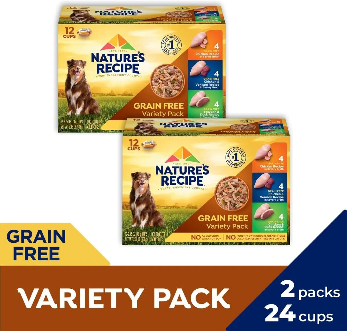Natures Recipe Grain Free Chicken Recipe, Chicken & Venison Recipe and Chicken & Duck Recipe in Savory Broth Variety Pack Wet Dog Food, 12-2.75 oz. Cups, 2 Count