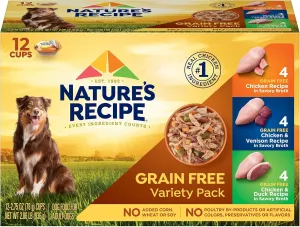 Natures Recipe Grain Free Chicken Recipe, Chicken & Venison Recipe and Chicken & Duck Recipe in Savory Broth Variety Pack Wet Dog Food, 12-2.75 oz. Cups, 2 Count