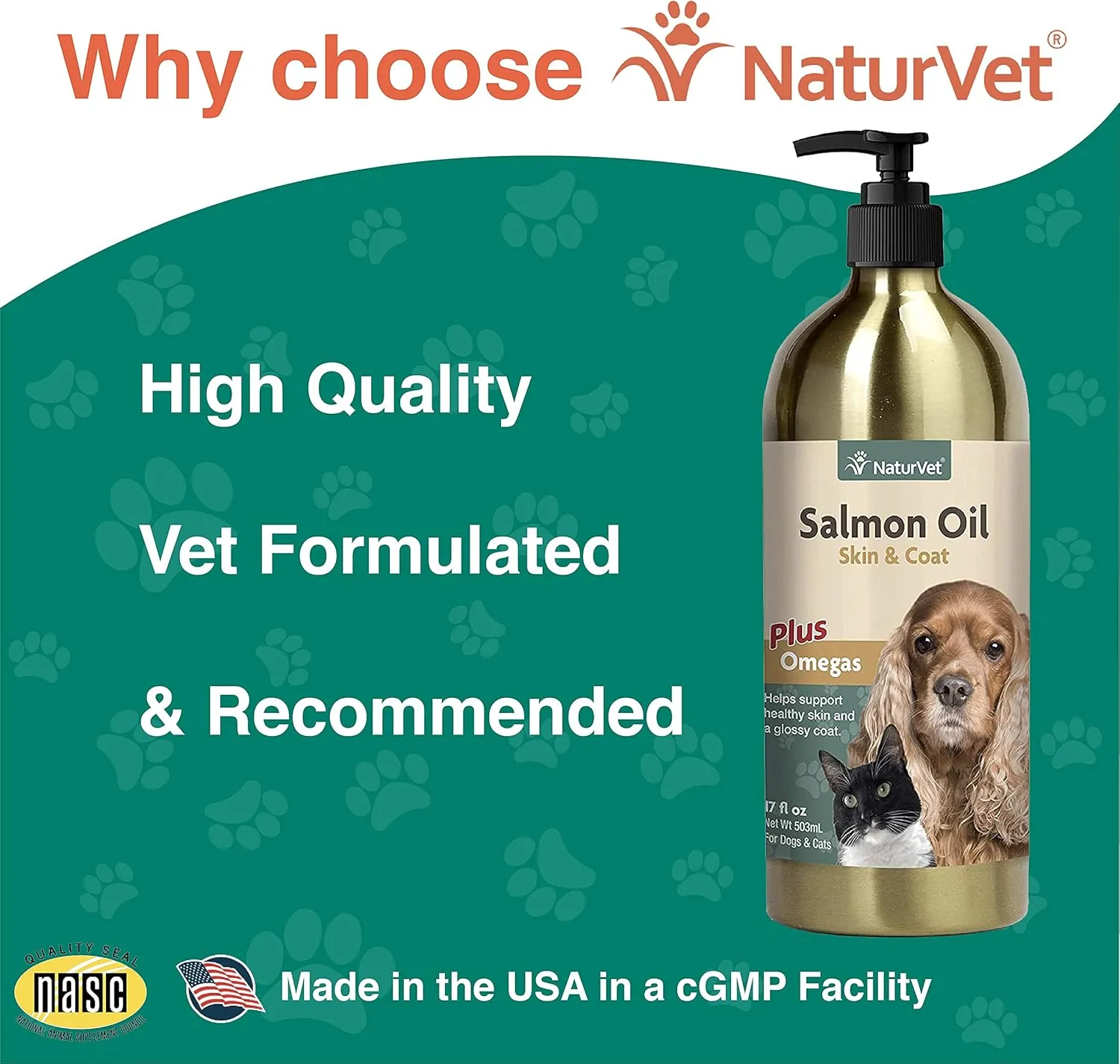 NaturVet  Salmon Oil Skin & Coat Plus Omegas | Supports Healthy Skin & Glossy Coat | Natural Source of Omega-3 & 6 Fatty Acids | for Dogs & Cats (17 oz Oil)