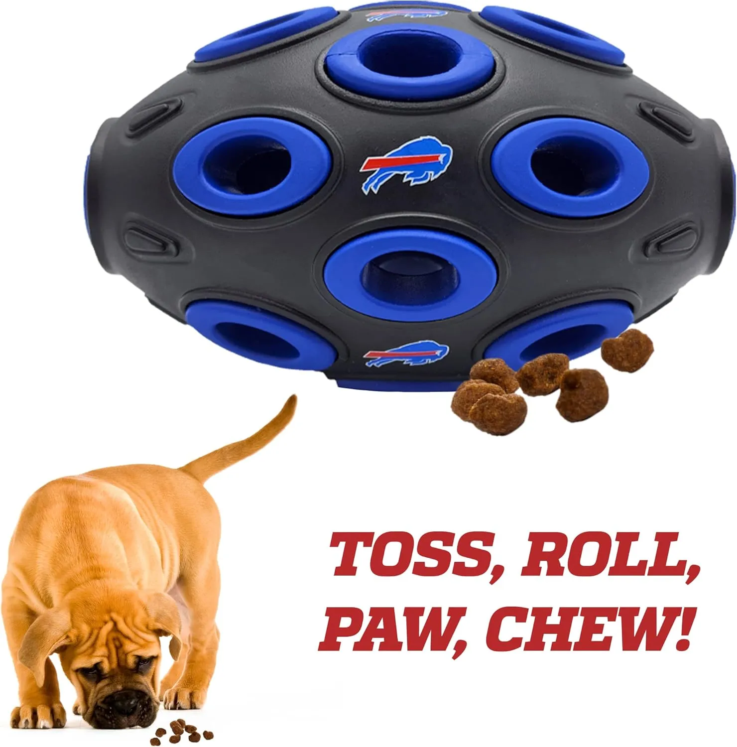 NFL Buffalo Bills Football Treat Dispensing Toy for Dogs and Cats, Rubber Ball Dog Toy, Interactive Fun Dog Treat Toy, Natural Rubber Dog Feeding Toy