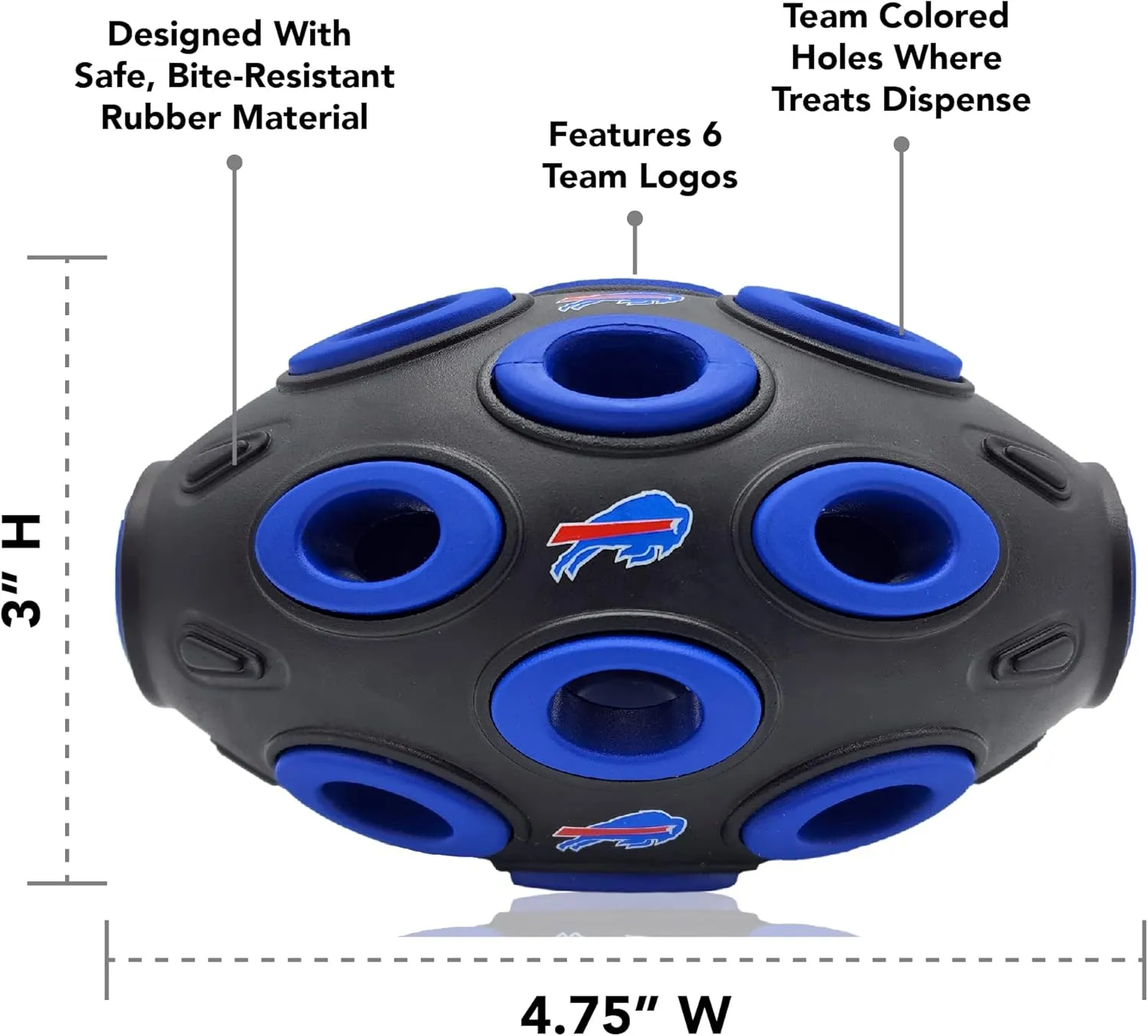 NFL Buffalo Bills Football Treat Dispensing Toy for Dogs and Cats, Rubber Ball Dog Toy, Interactive Fun Dog Treat Toy, Natural Rubber Dog Feeding Toy