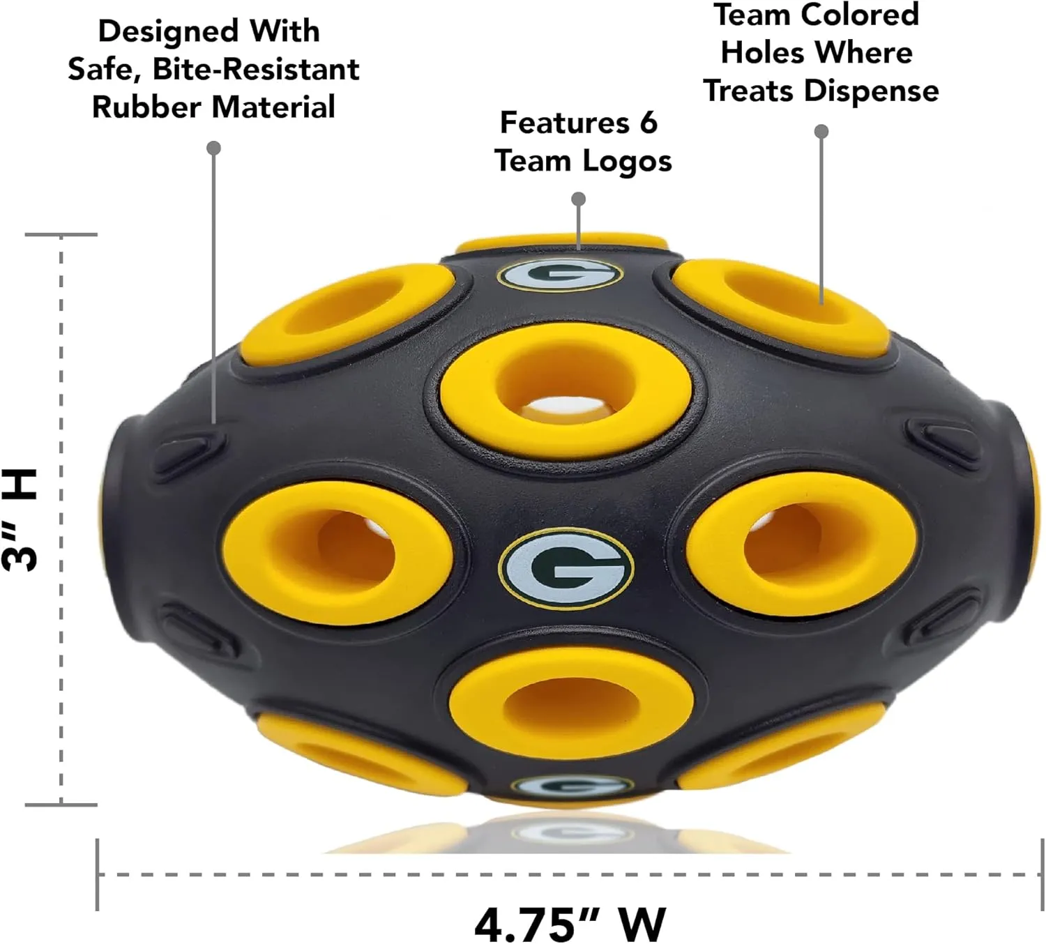 NFL Green Bay Packers Football Treat Dispensing Toy for Dogs and Cats, Rubber Ball Dog Toy, Interactive Fun Dog Treat Toy, Natural Rubber Dog Feeding Toy