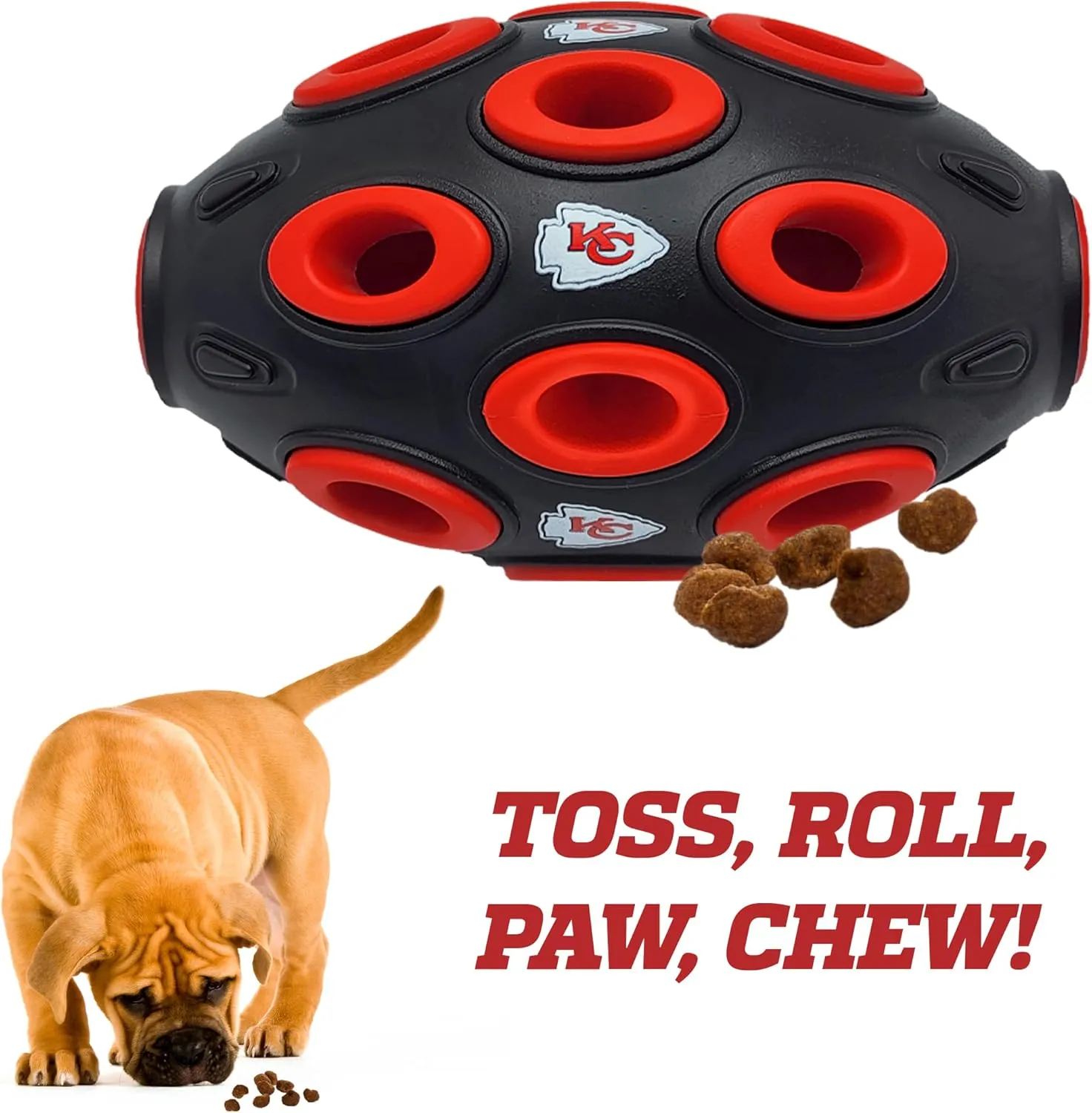 NFL Kansas City Chiefs Football Treat Dispensing Toy for Dogs and Cats, Rubber Ball Dog Toy, Interactive Fun Dog Treat Toy, Natural Rubber Dog Feeding Toy