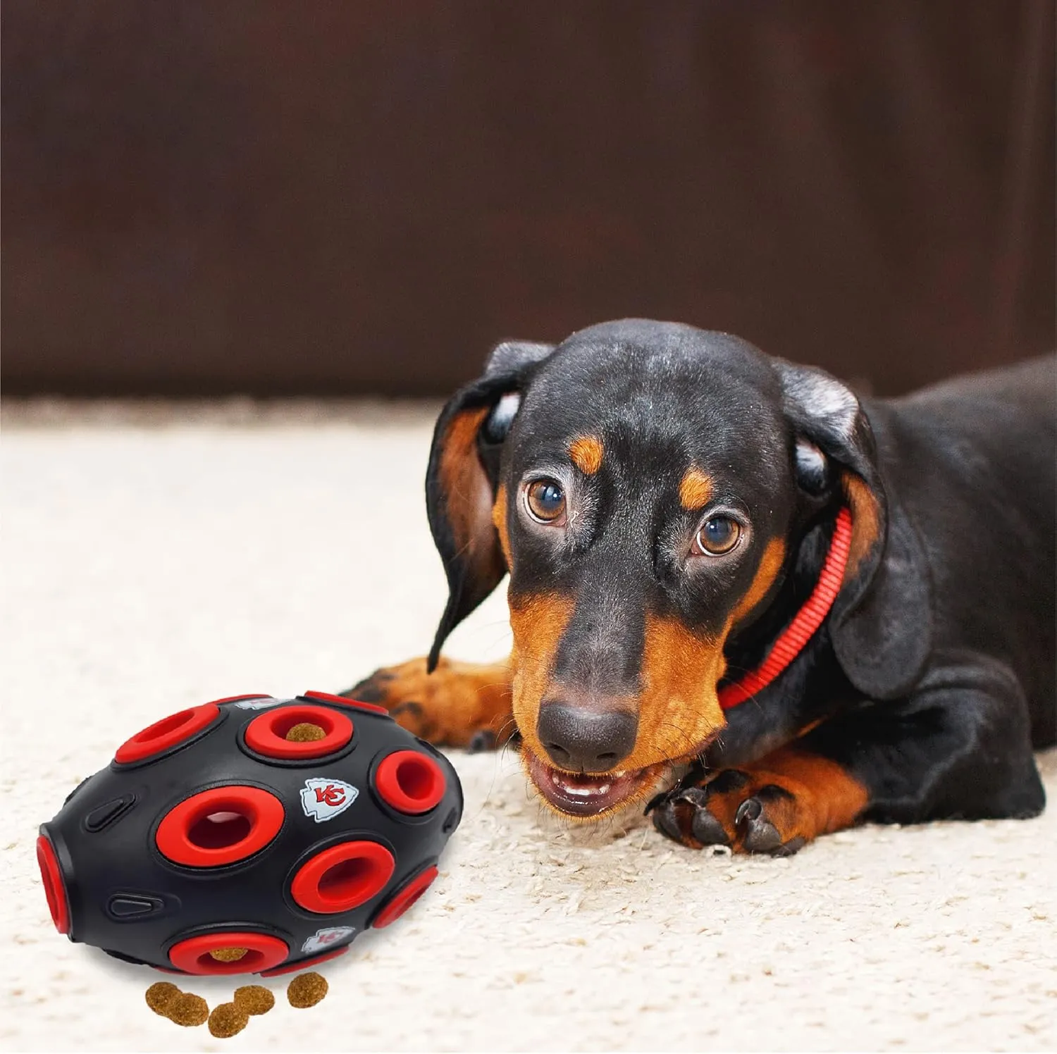 NFL Kansas City Chiefs Football Treat Dispensing Toy for Dogs and Cats, Rubber Ball Dog Toy, Interactive Fun Dog Treat Toy, Natural Rubber Dog Feeding Toy