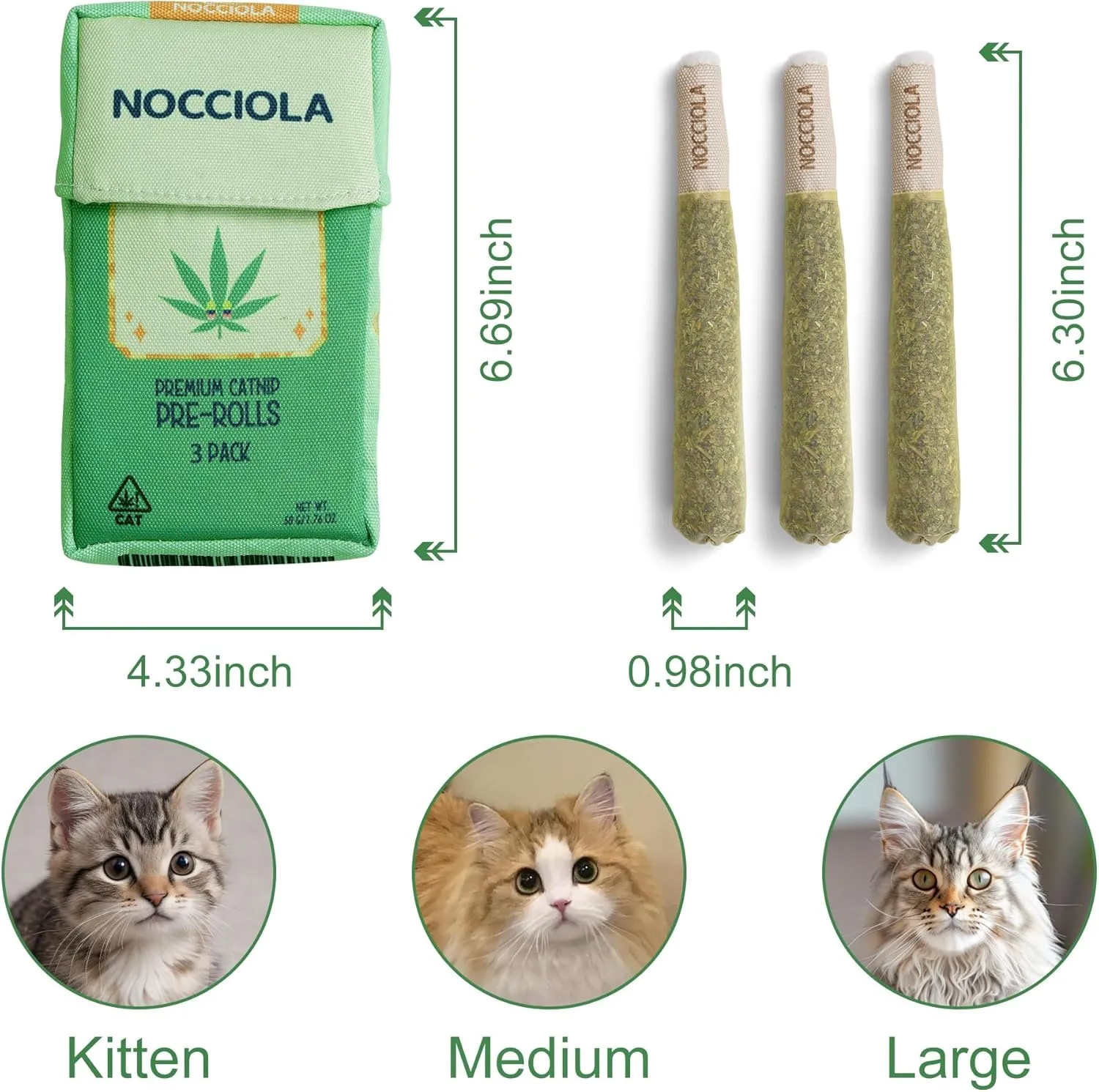 Nocciola 3 Pack Funny Catnip Toys for Cats, 100% North American Organic Catnip Filled, Kittens Teething Chew & Kicker Toys, Interactive Stress Relief Cat Toys for Indoor Cats, Green