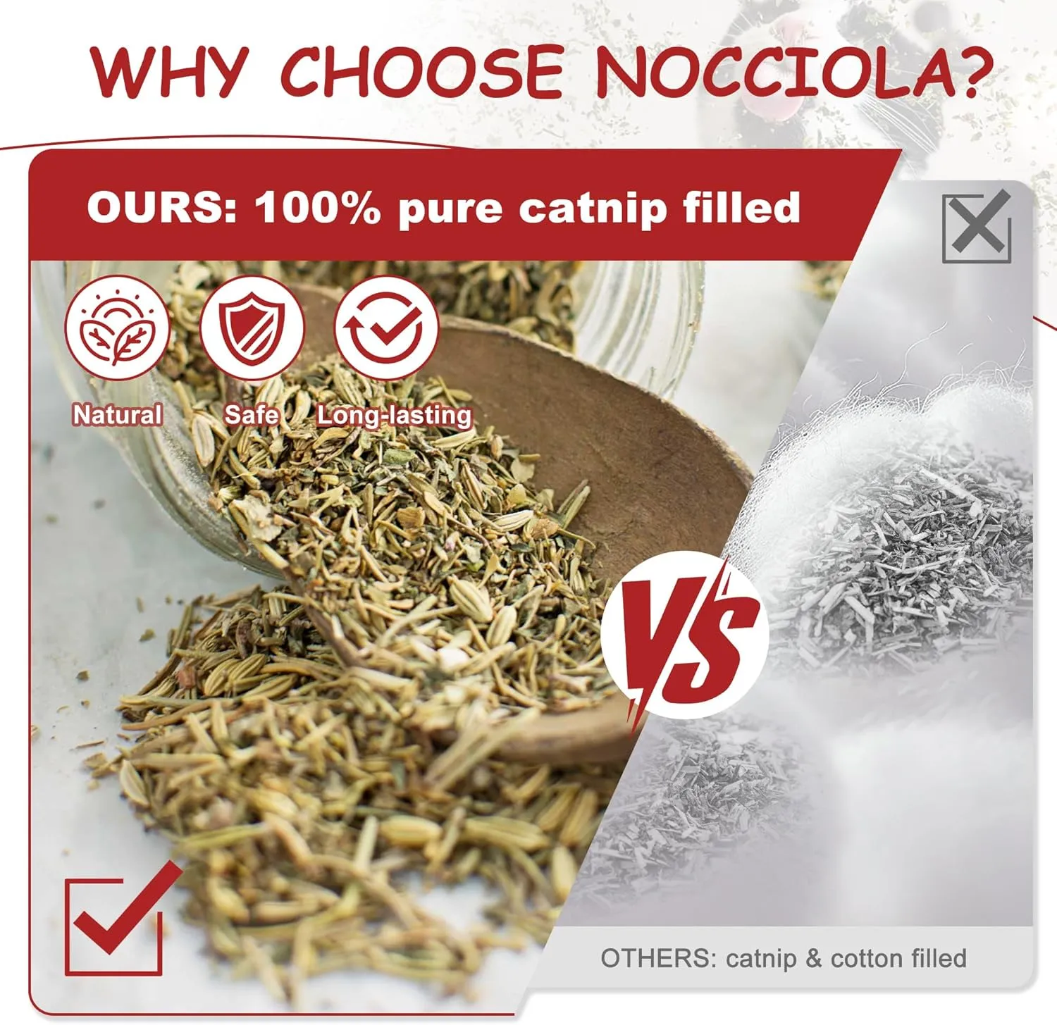 Nocciola 3 Pack Funny Catnip Toys for Cats, 100% North American Organic Catnip Filled, Kittens Teething Chew & Kicker Toys, Interactive Stress Relief Cat Toys for Indoor Cats, Red